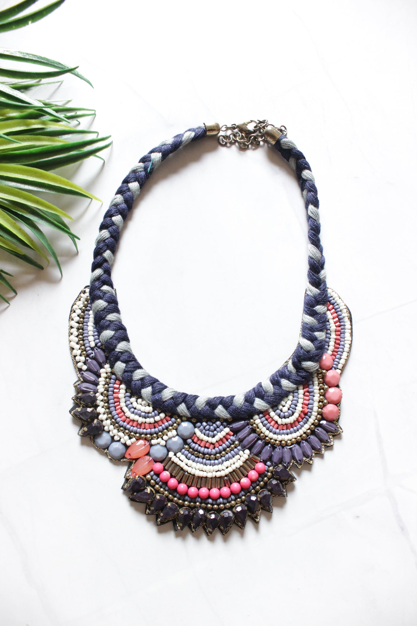 Blue and Pink Beaded Handmade Necklace with Braided Fabric Threads