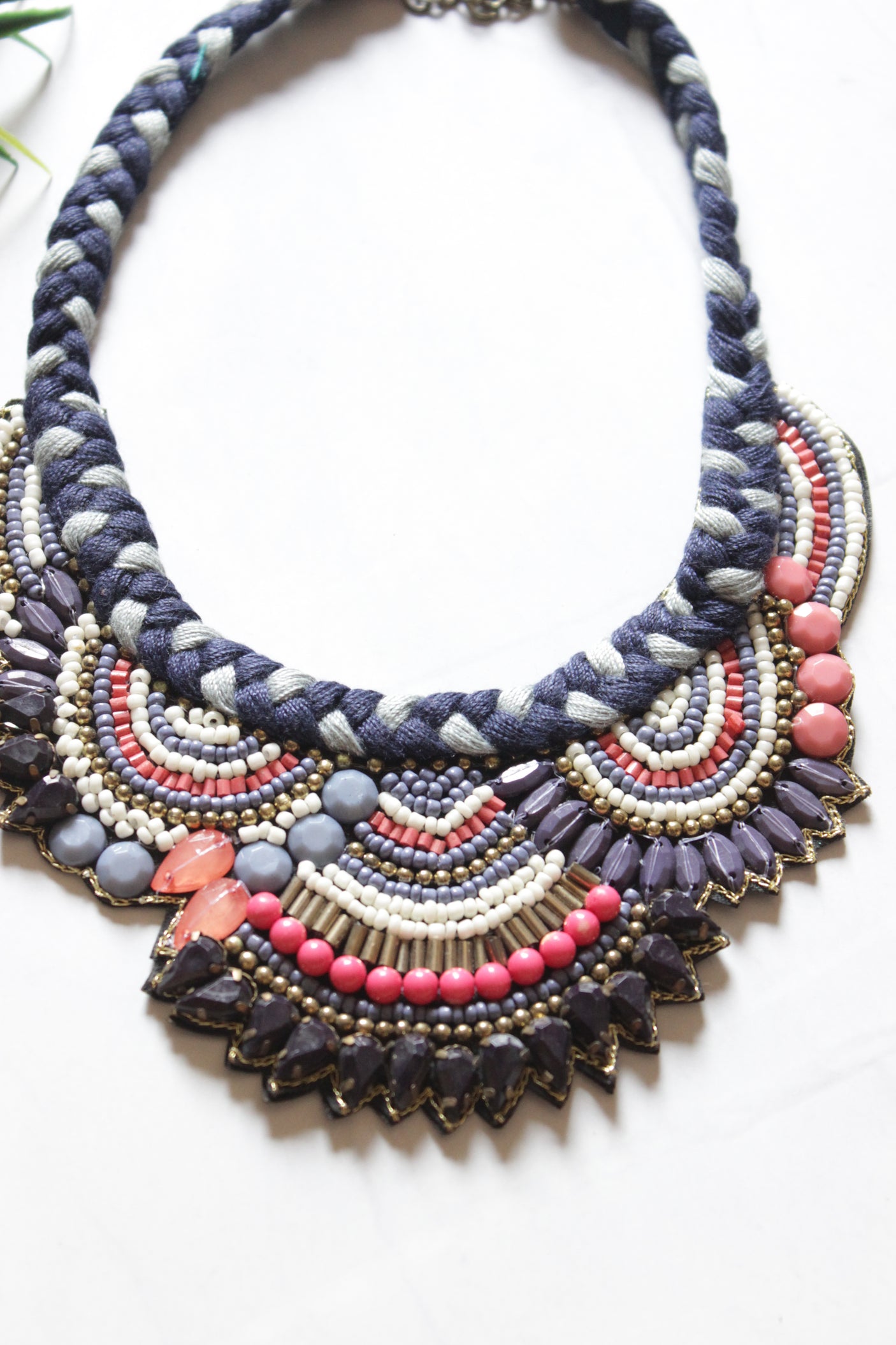 Blue and Pink Beaded Handmade Necklace with Braided Fabric Threads