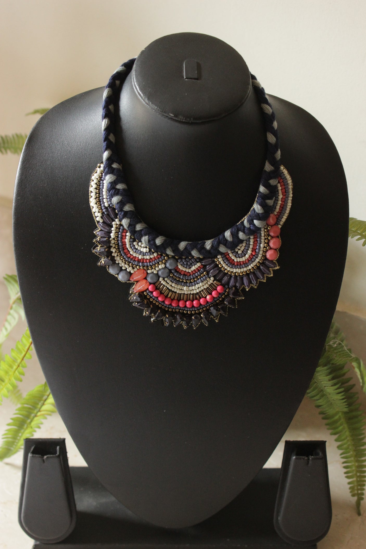 Blue and Pink Beaded Handmade Necklace with Braided Fabric Threads