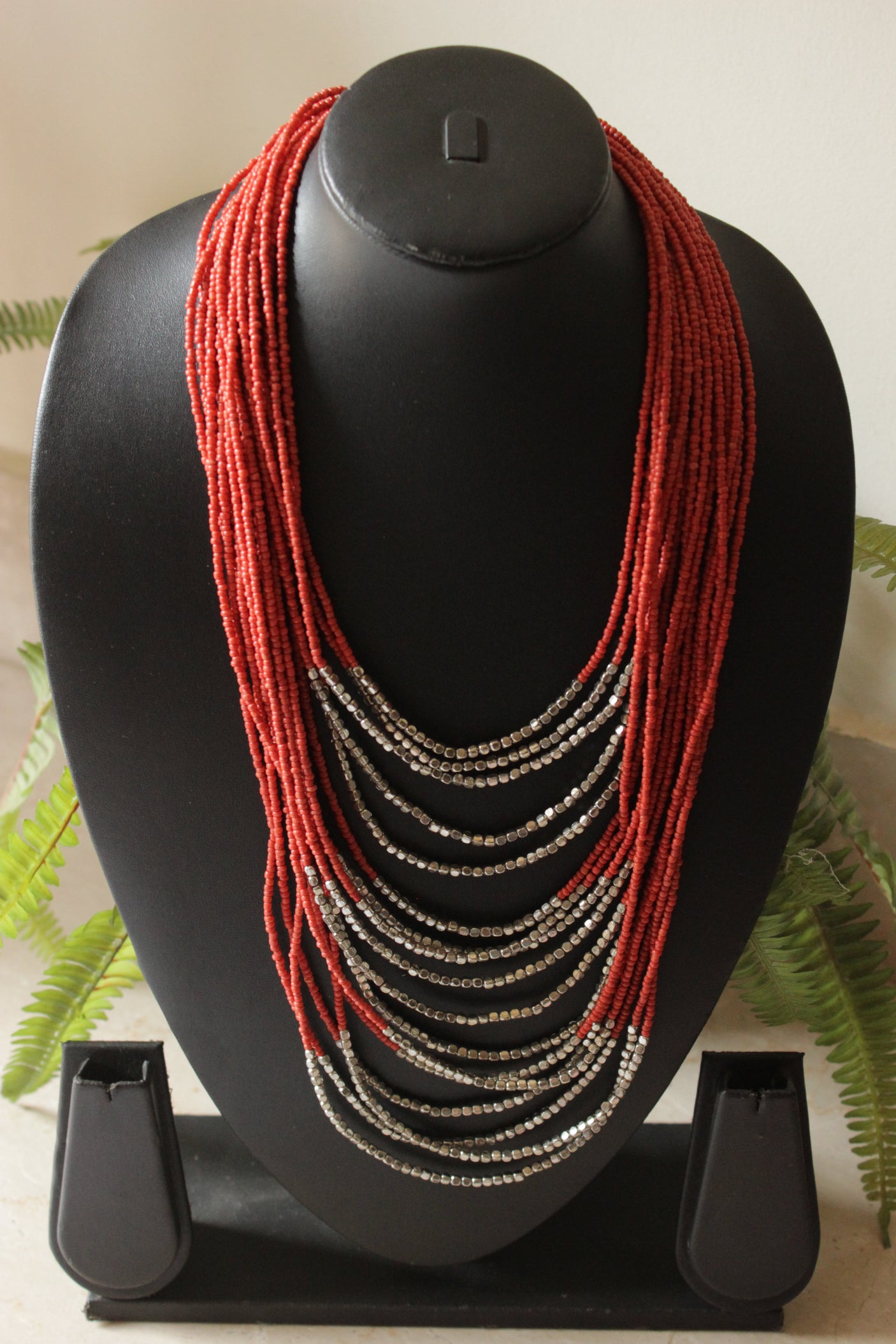 Orange and Silver Beads Mult-Layer Beaded Handmade Boho Necklace
