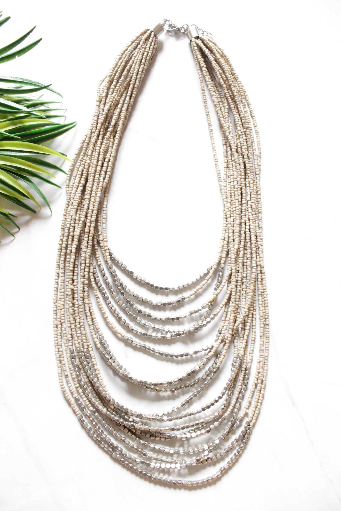 Ivory and Silver Beads Multi-Layer Handmade Beaded Necklace