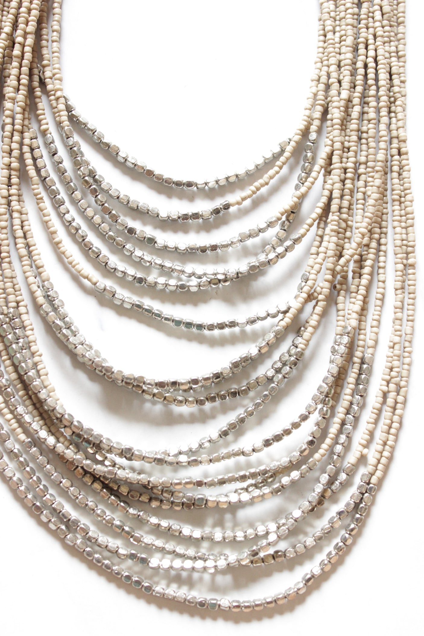 Ivory and Silver Beads Multi-Layer Handmade Beaded Necklace