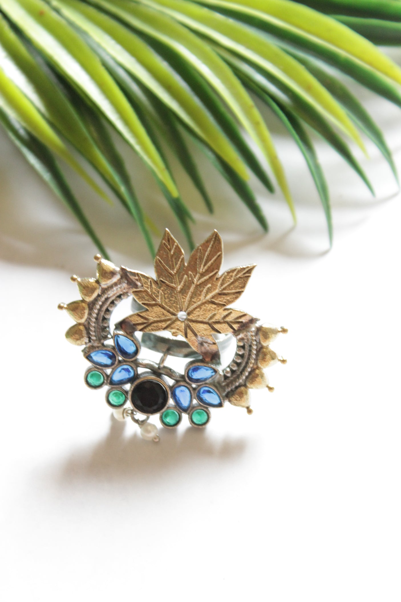 Dual Tone Glass Stones Embedded Statement Cocktail Ring