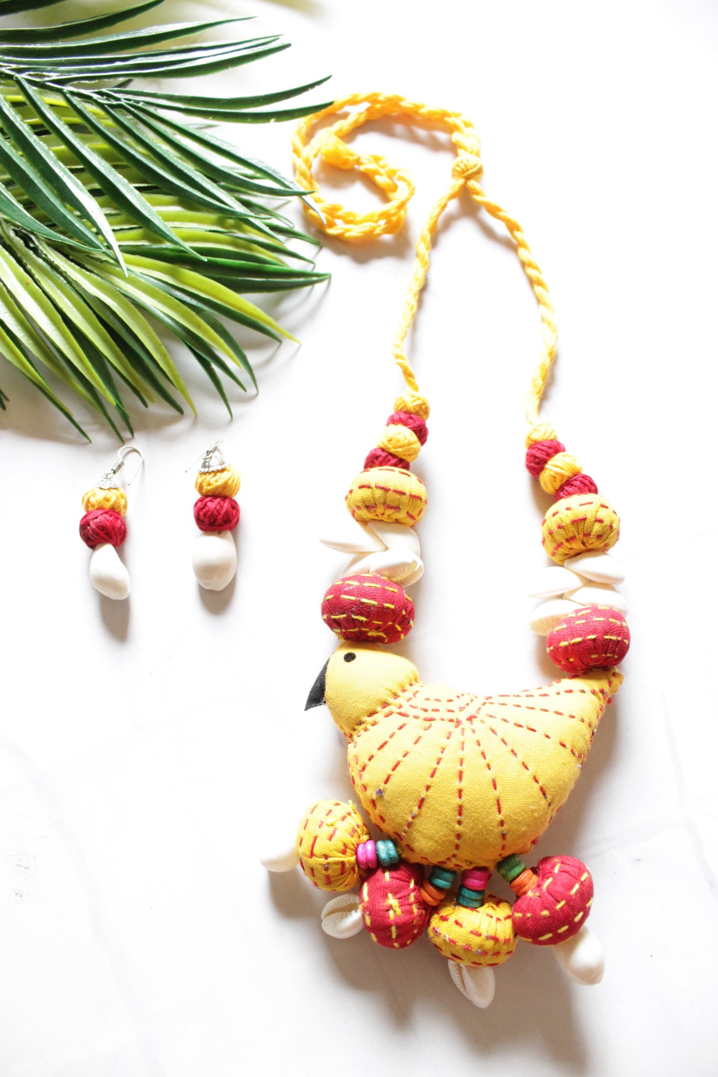 Kantha Embroidered Yellow and Red Fabric and Shells Handmade Necklace