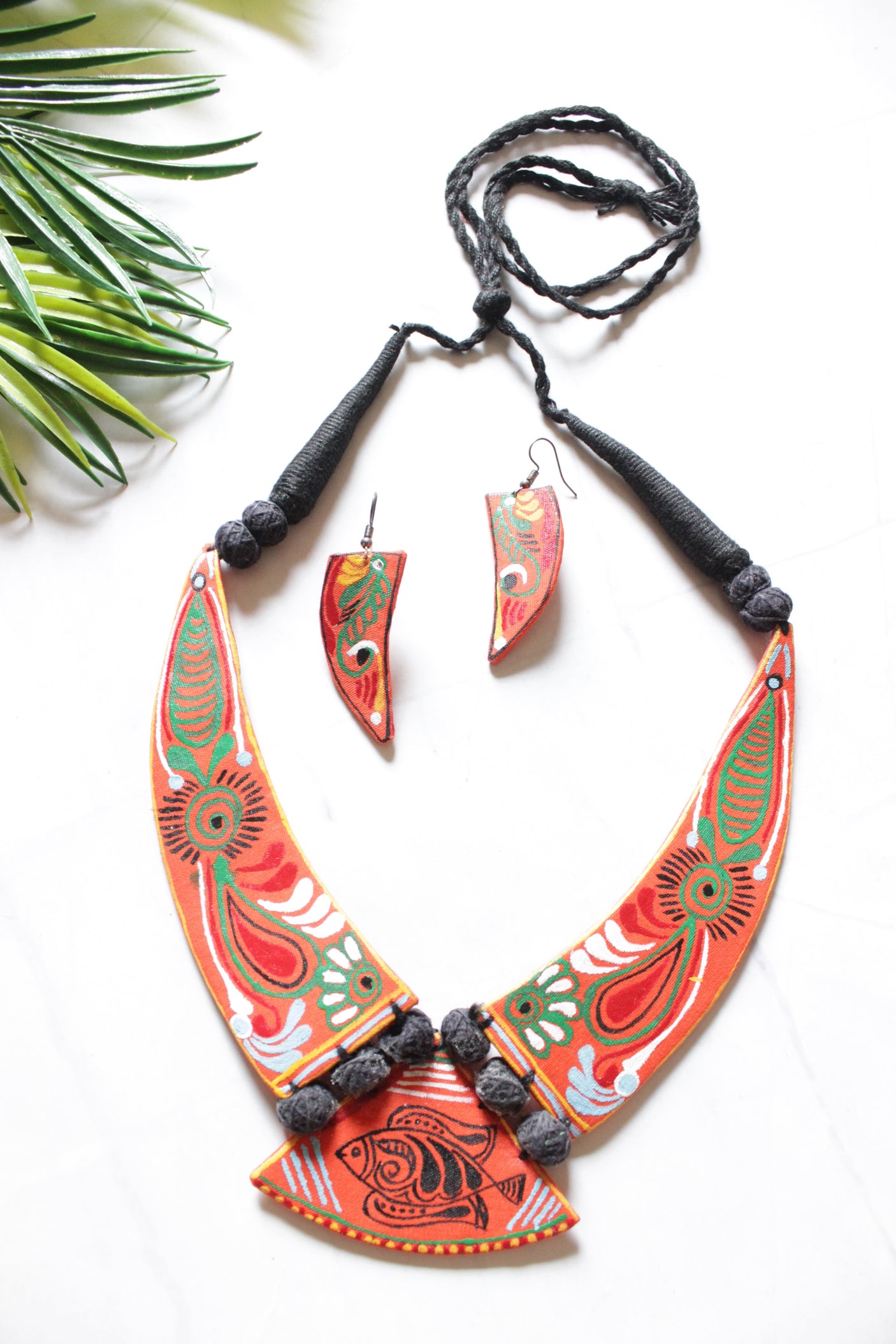 Orange Hand Painted Fabric Adjustable Length Choker Necklace Set