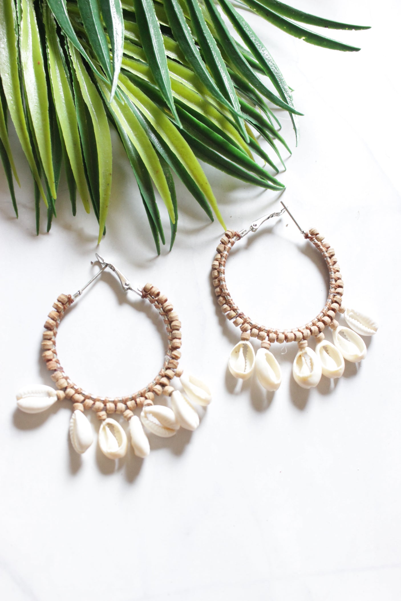 Handmade Wooden Beads and Shell Hoop Earrings