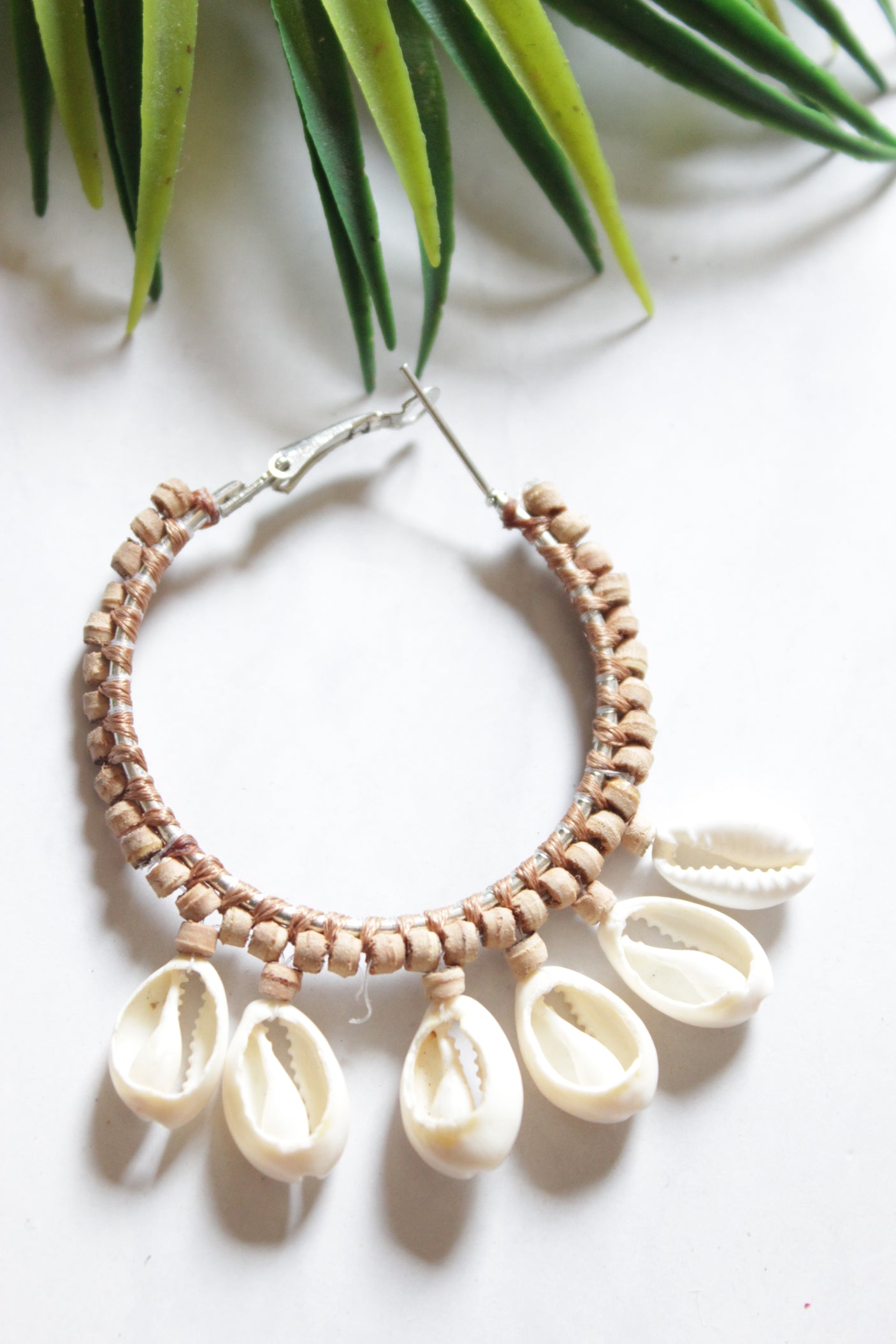 Handmade Wooden Beads and Shell Hoop Earrings