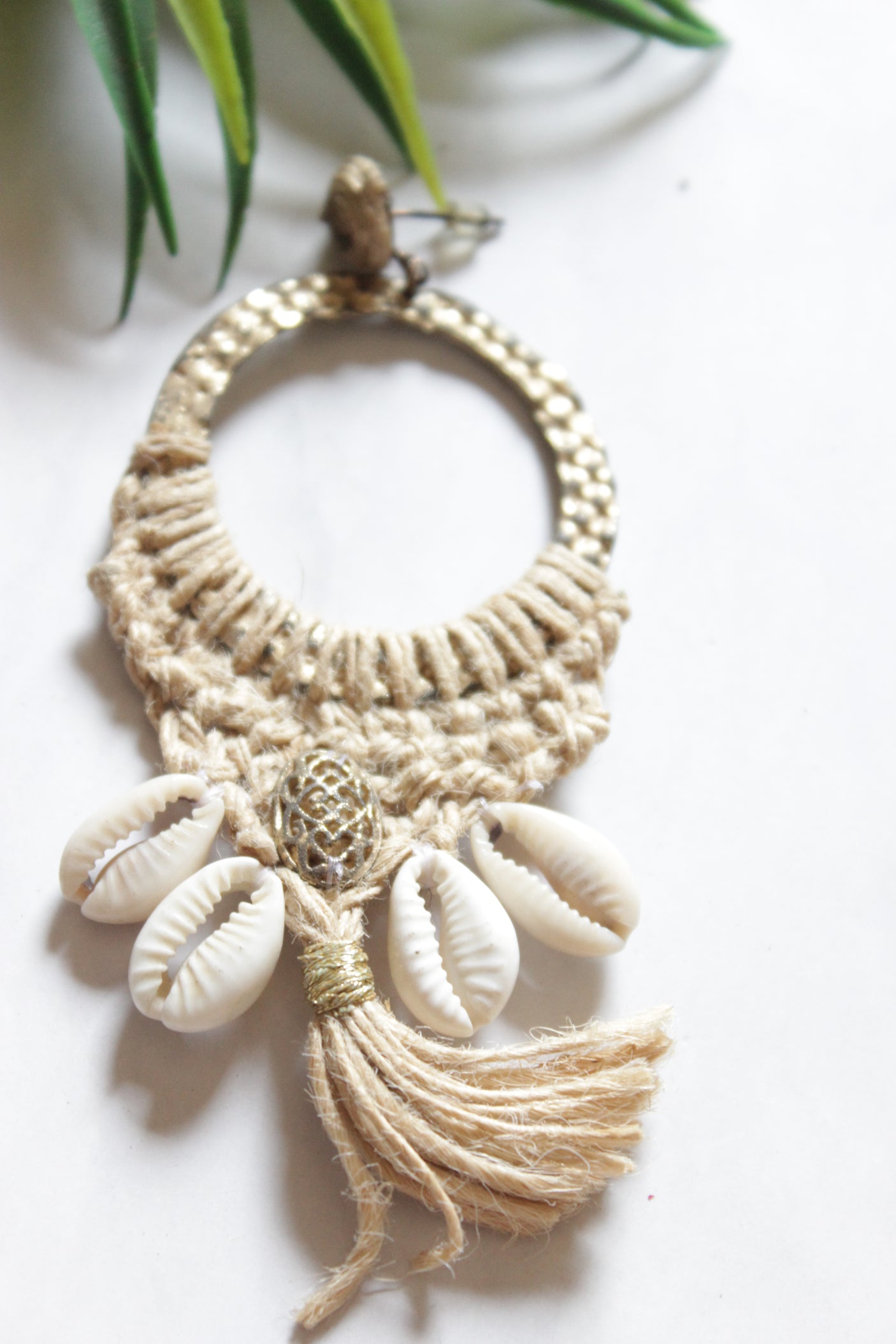 Handmade Jute and Shell Hoop Earrings