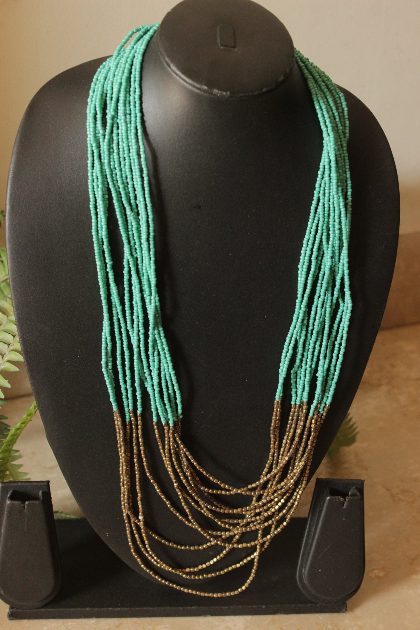 Turquoise and Bronze Color Beads Multi-Layer Handmade Beaded Necklace