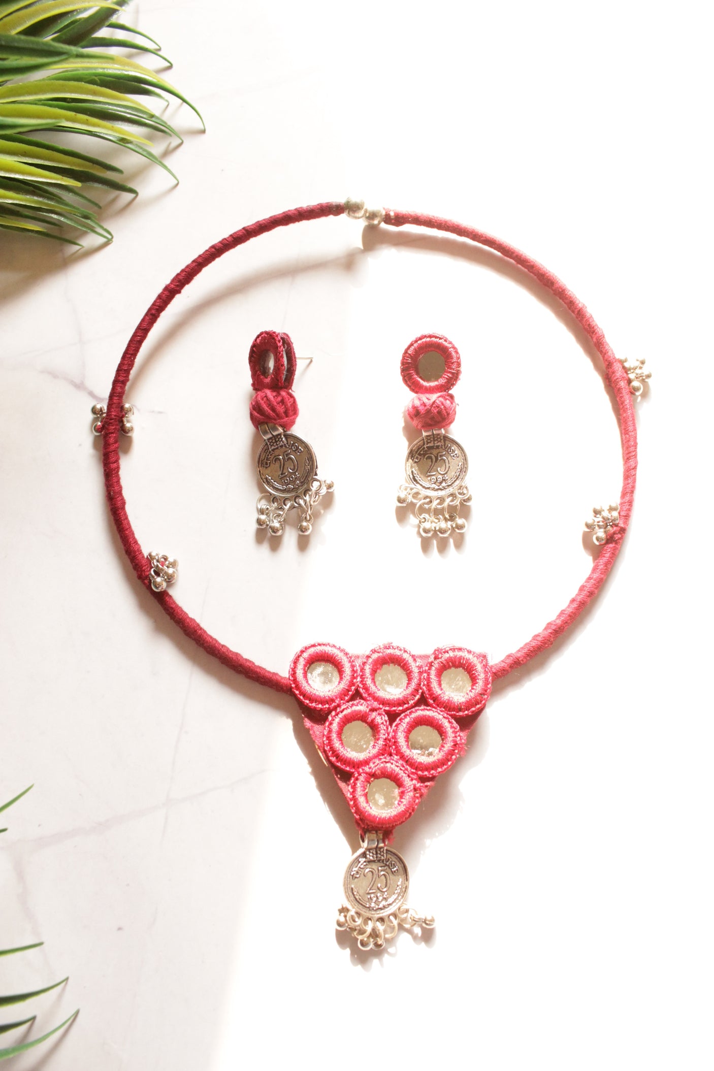 Maroon Fabric and Mirrors Hand Embroidered Hasli Necklace Set