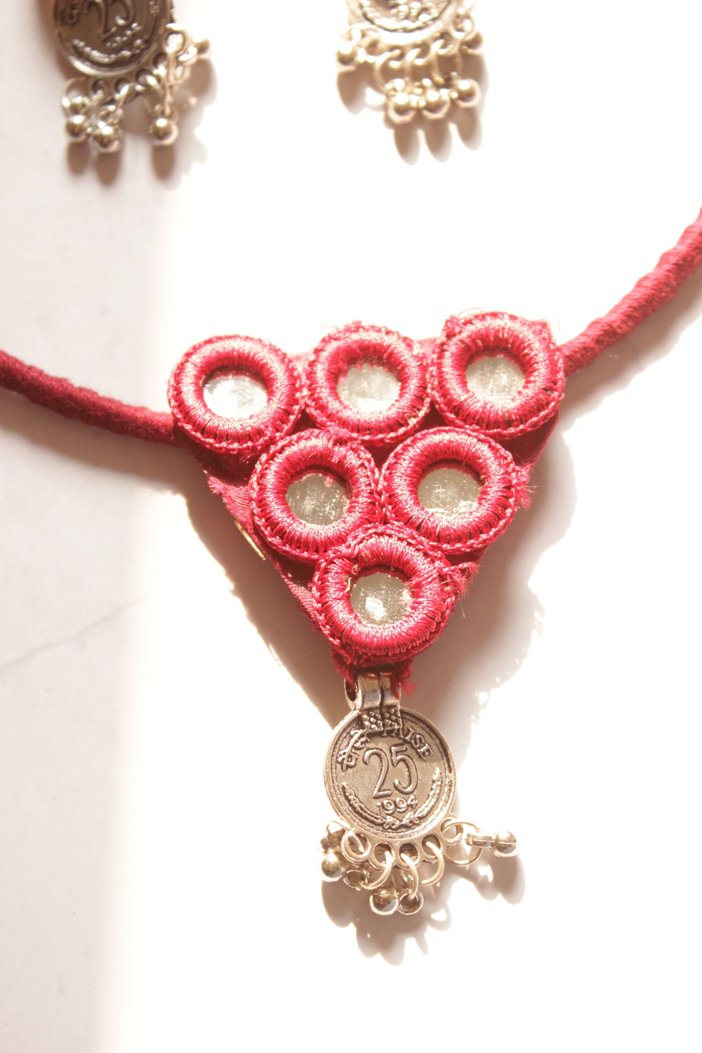 Maroon Fabric and Mirrors Hand Embroidered Hasli Necklace Set