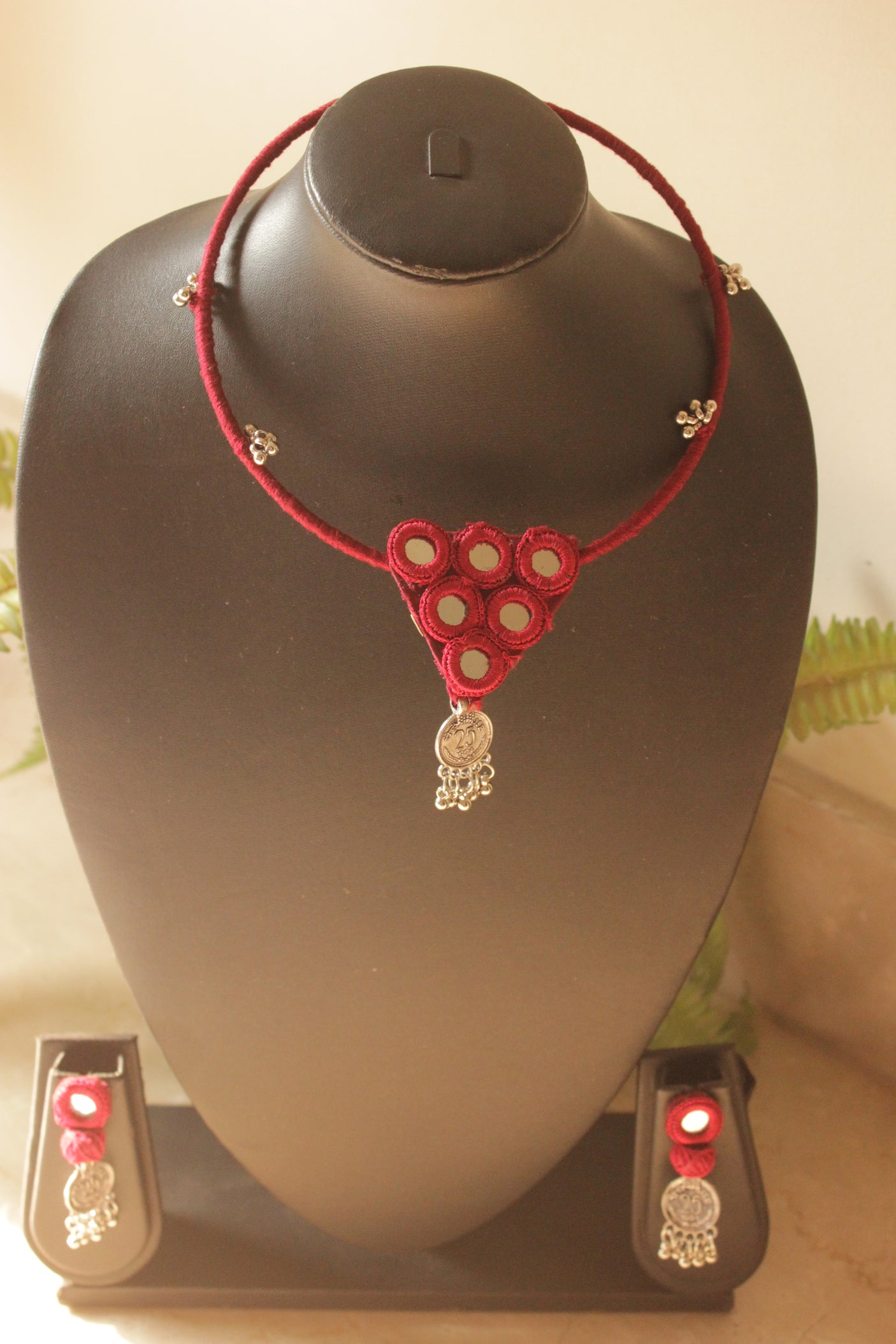 Maroon Fabric and Mirrors Hand Embroidered Hasli Necklace Set