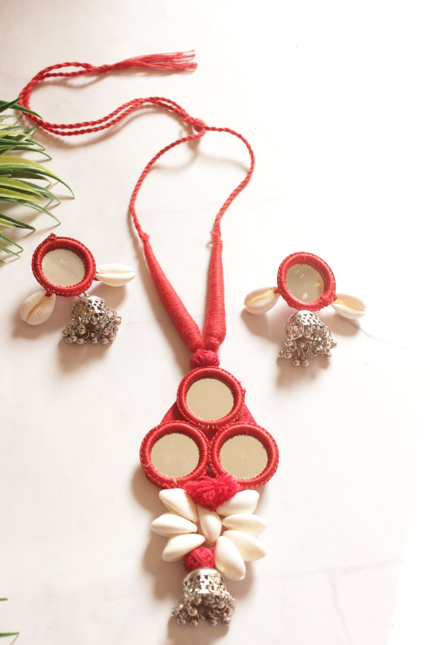 Red Fabric and Mirrors Hand Embroidered Adjustable Length Necklace Set