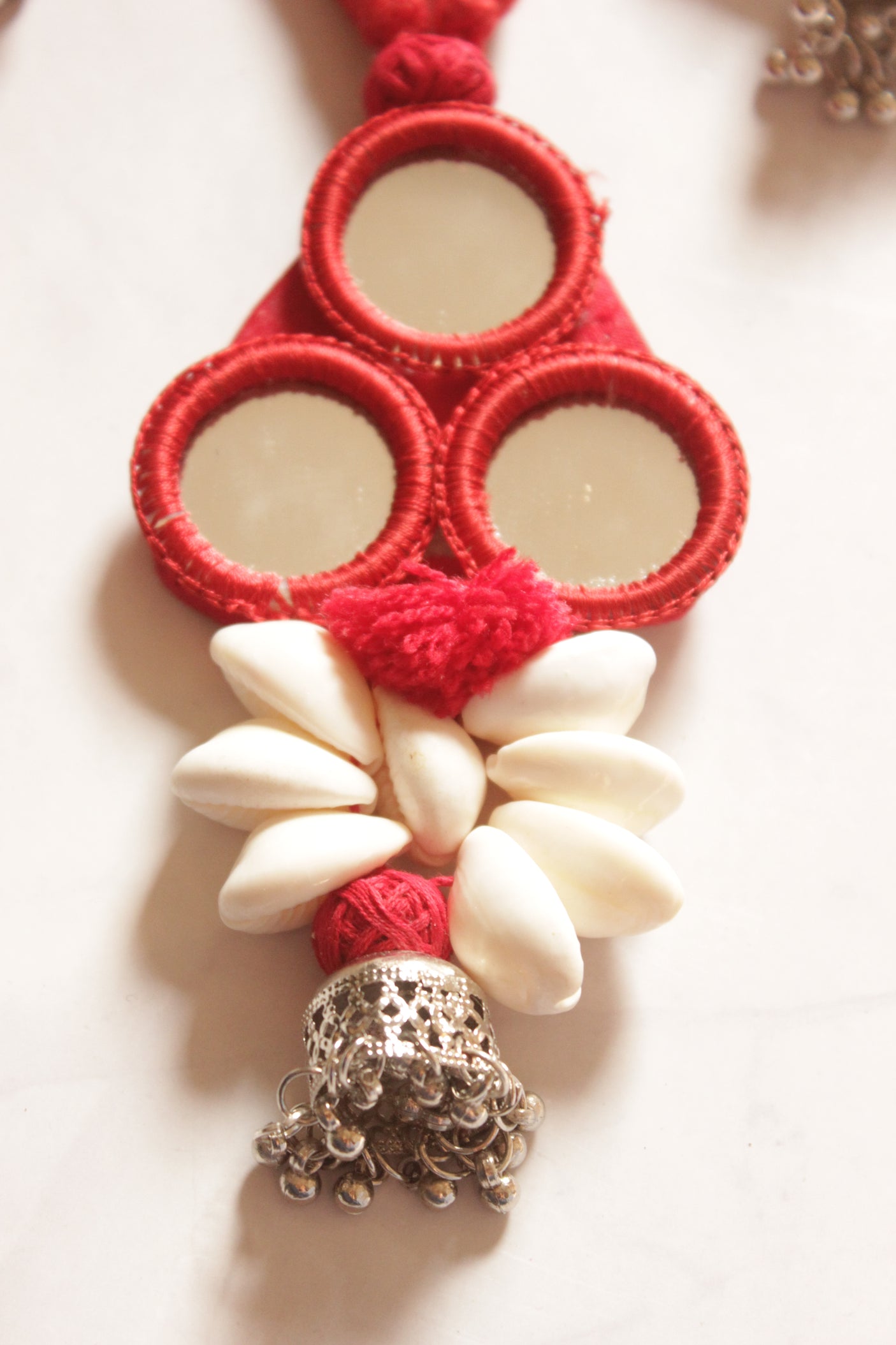 Red Fabric and Mirrors Hand Embroidered Adjustable Length Necklace Set