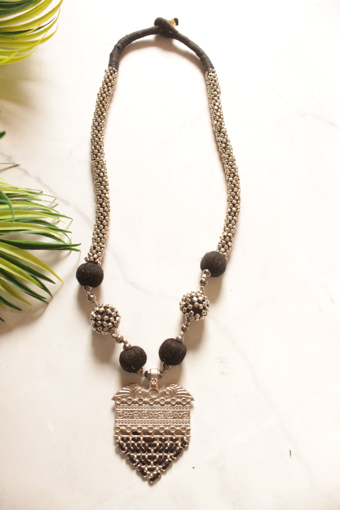 Oxidised Finish Pendant with Black Braided Threads Long Necklace
