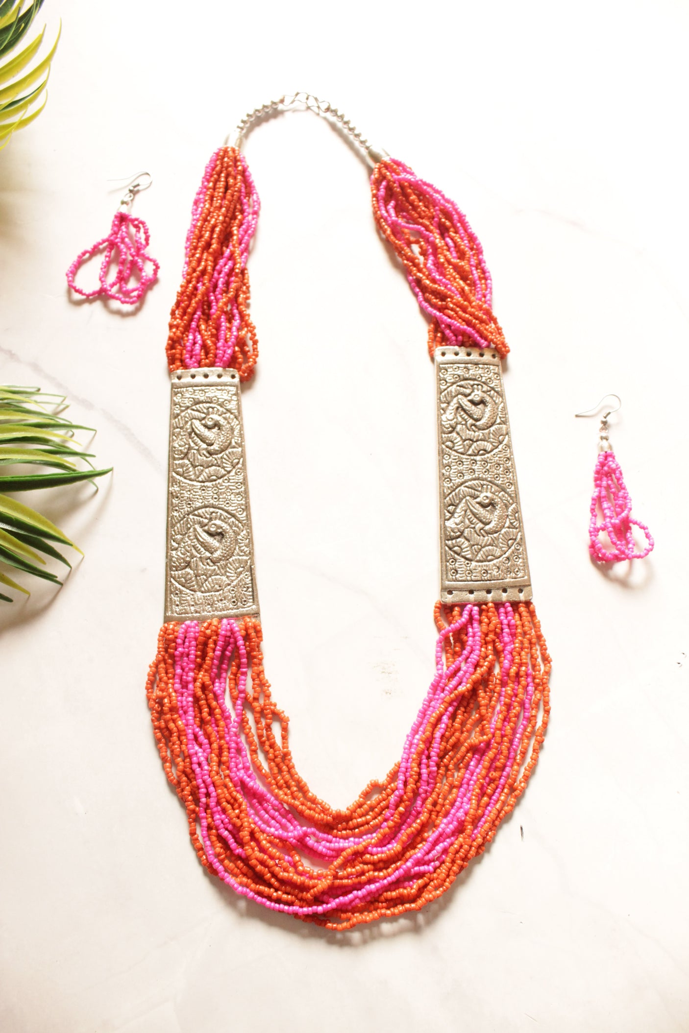 Pink and Orange Beaded Multi Layered Necklace Set with Metal Detailing