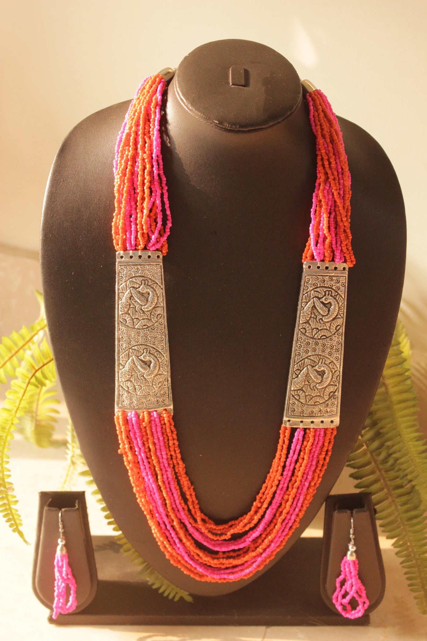Pink and Orange Beaded Multi Layered Necklace Set with Metal Detailing