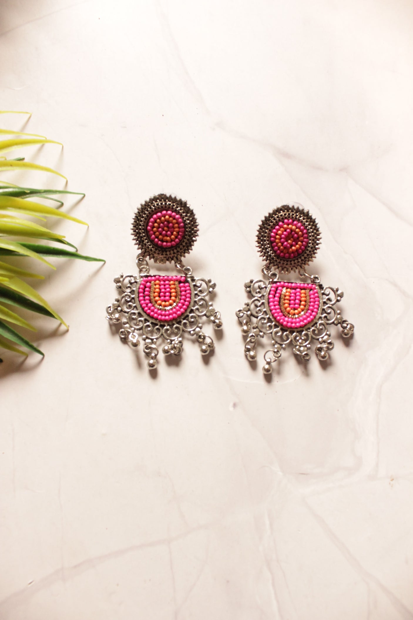 Oxidised Earrings with Pink and Orange Beads