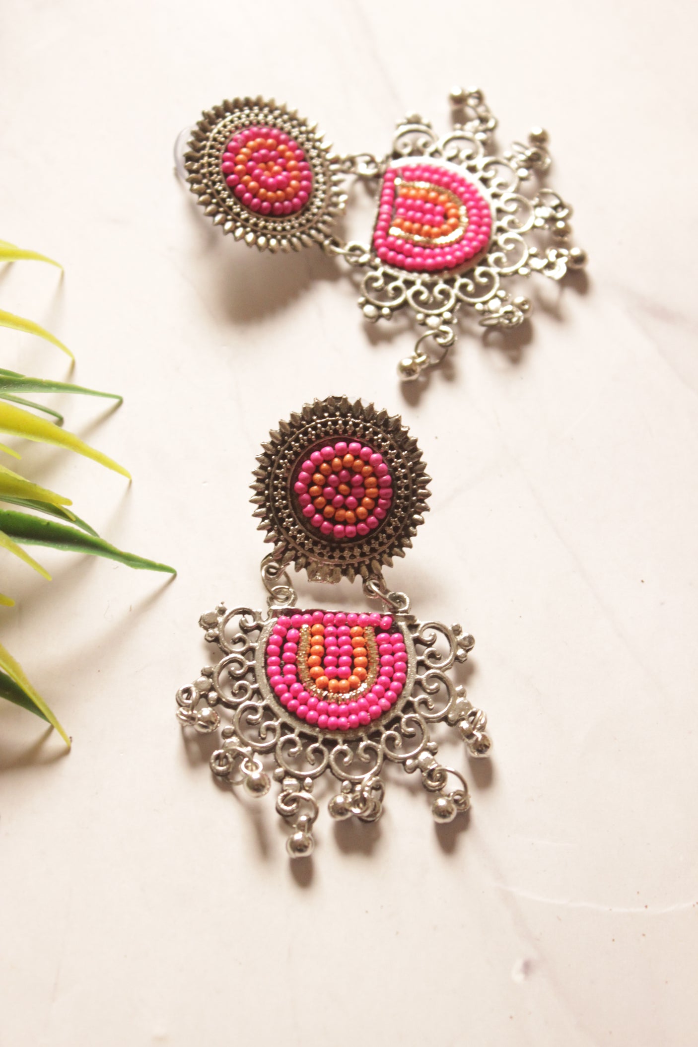 Oxidised Earrings with Pink and Orange Beads