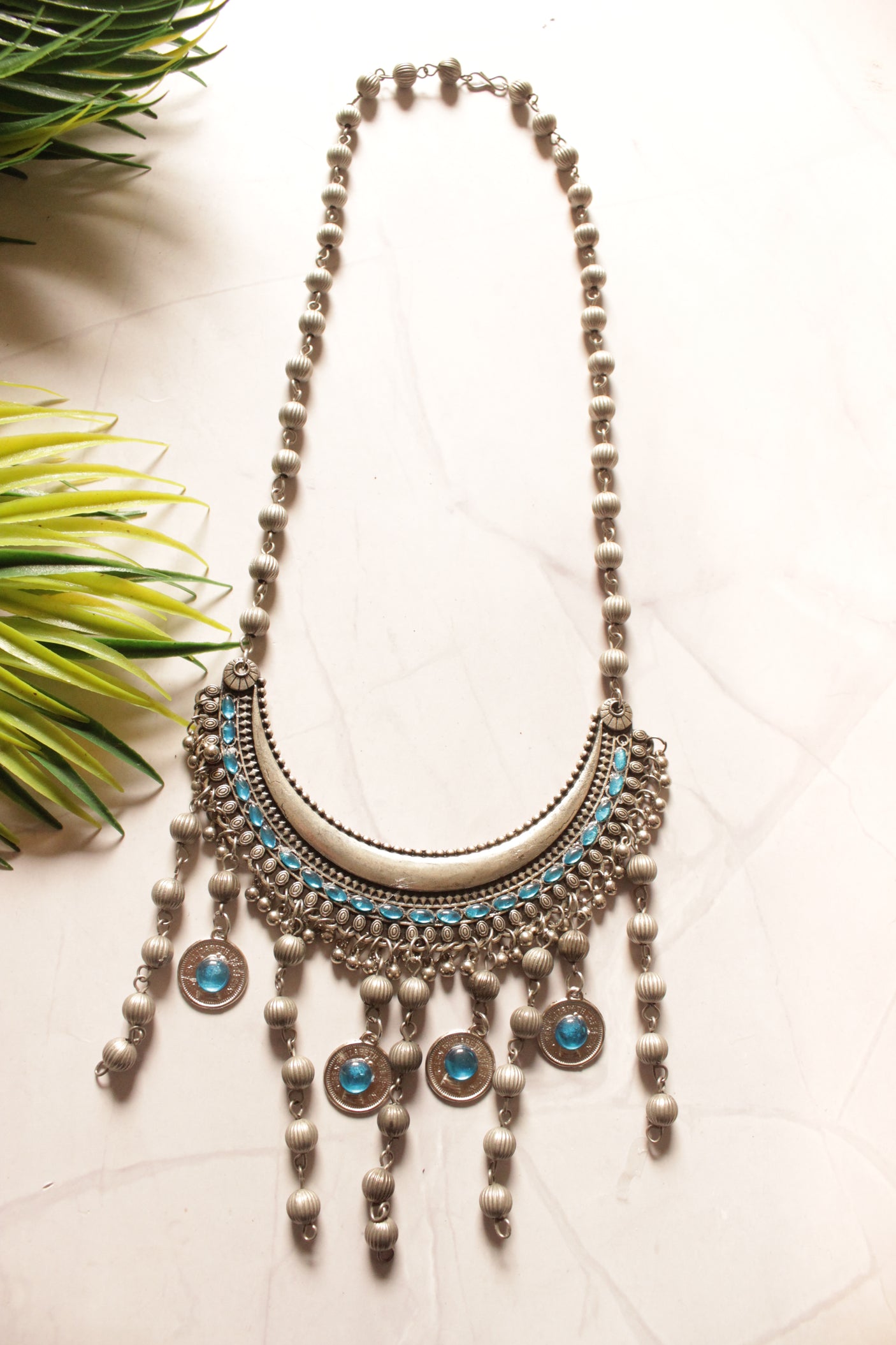 Crescent Moon Shape Pendant and Glass Beads Oxidised Finish Necklace