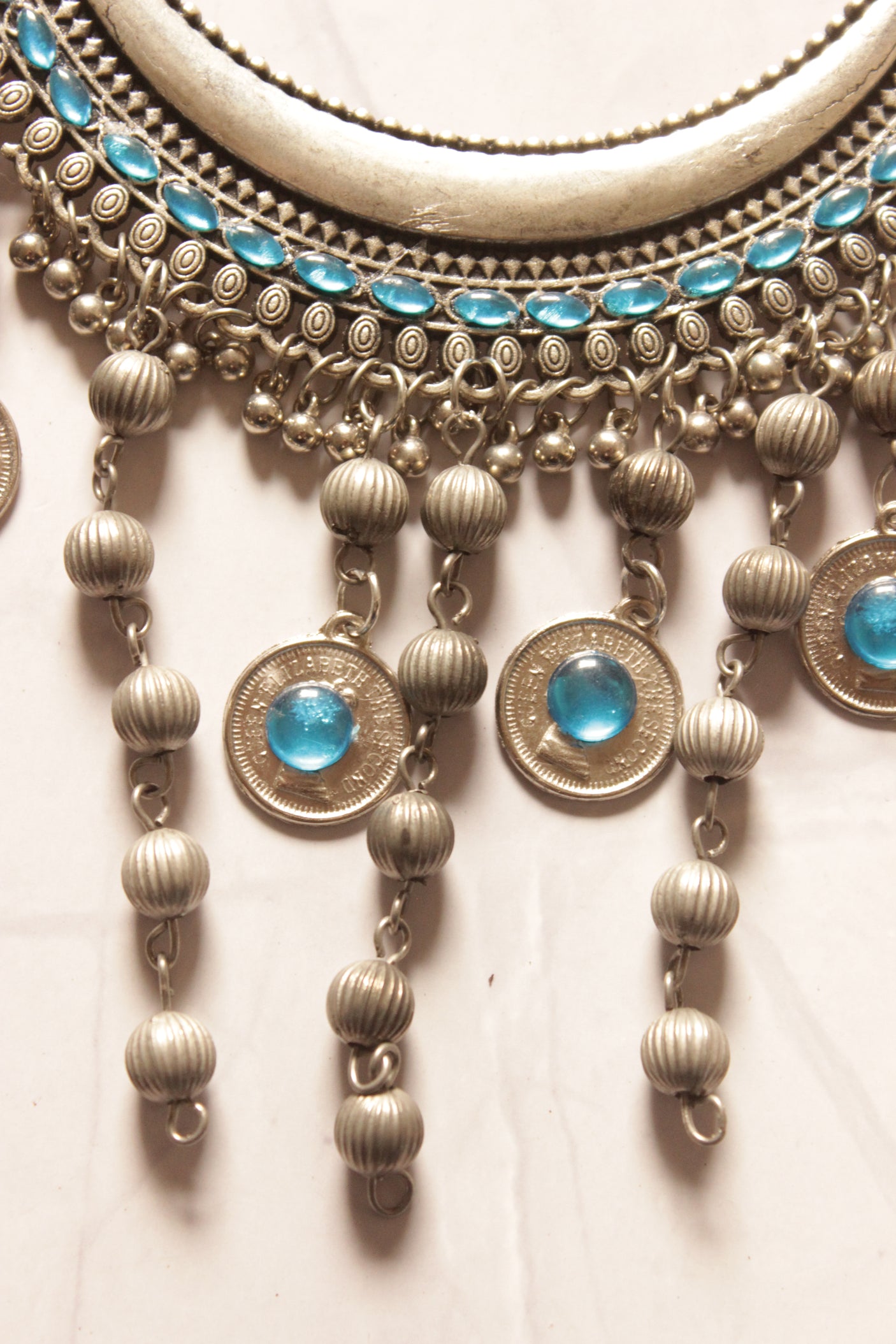 Crescent Moon Shape Pendant and Glass Beads Oxidised Finish Necklace