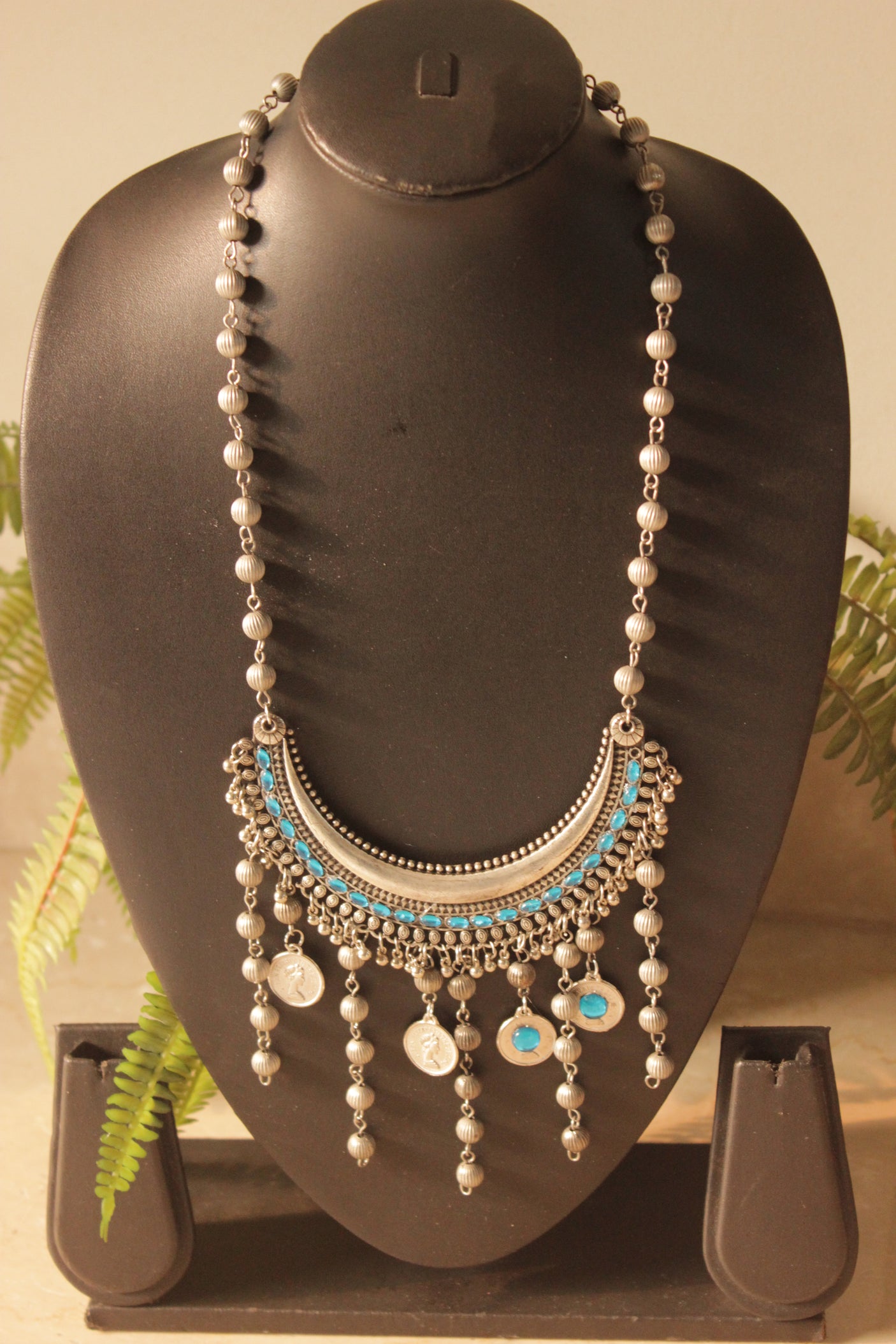 Crescent Moon Shape Pendant and Glass Beads Oxidised Finish Necklace