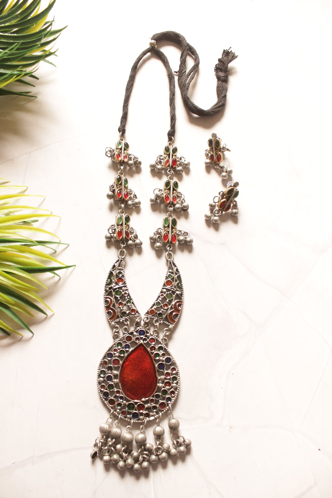 Red and Green Enamel Painted Oxidised Finish Adjustable Length Necklace Set