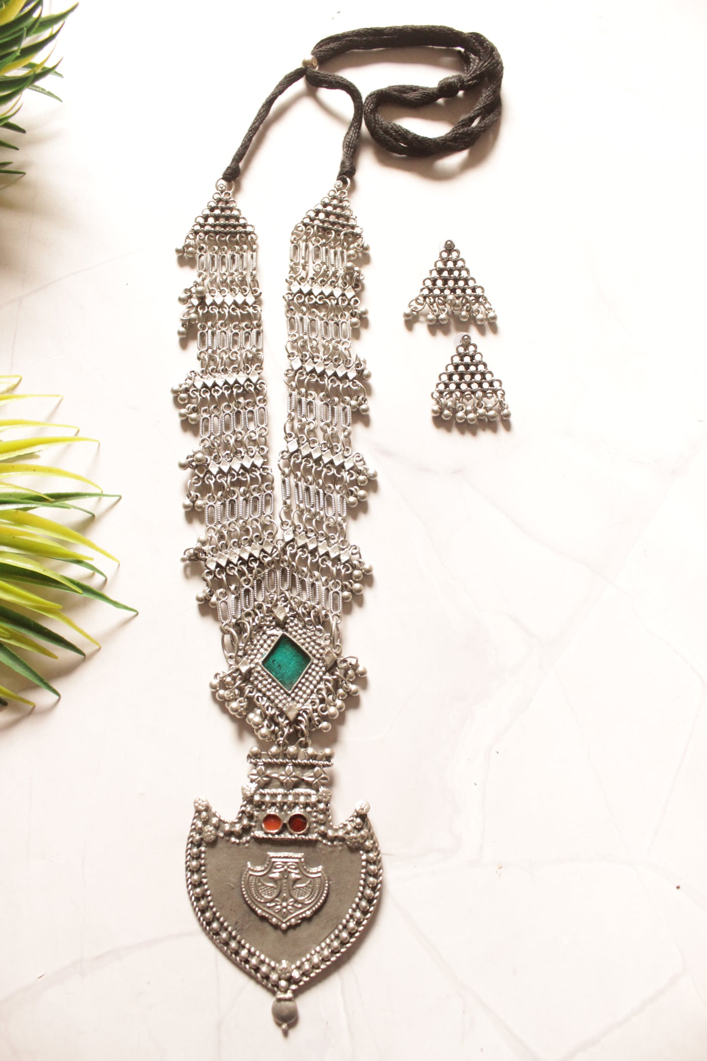 Paan Shape Pendant Statement Oxidised Finish Adjustable Length Necklace Set