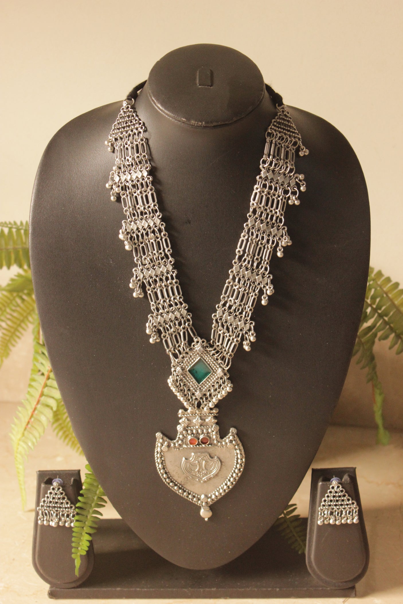 Paan Shape Pendant Statement Oxidised Finish Adjustable Length Necklace Set