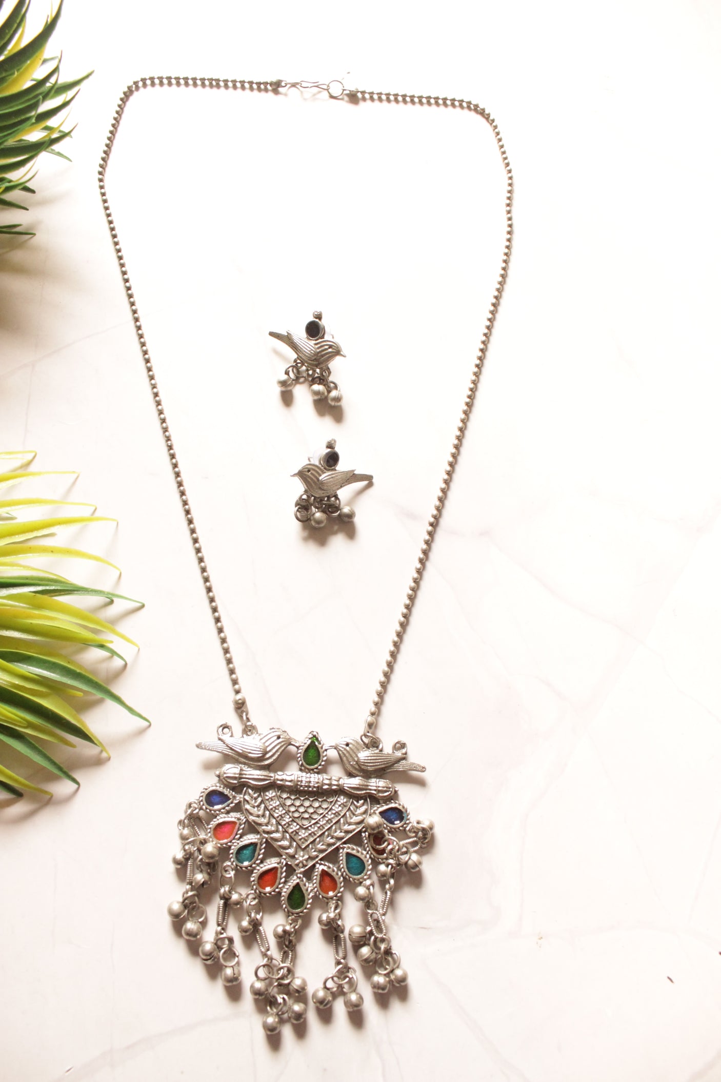 Bird Motif Oxidised Finish Long Chain Necklace