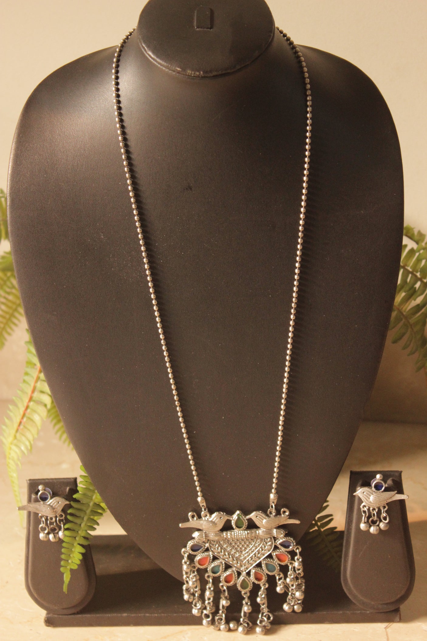 Bird Motif Oxidised Finish Long Chain Necklace