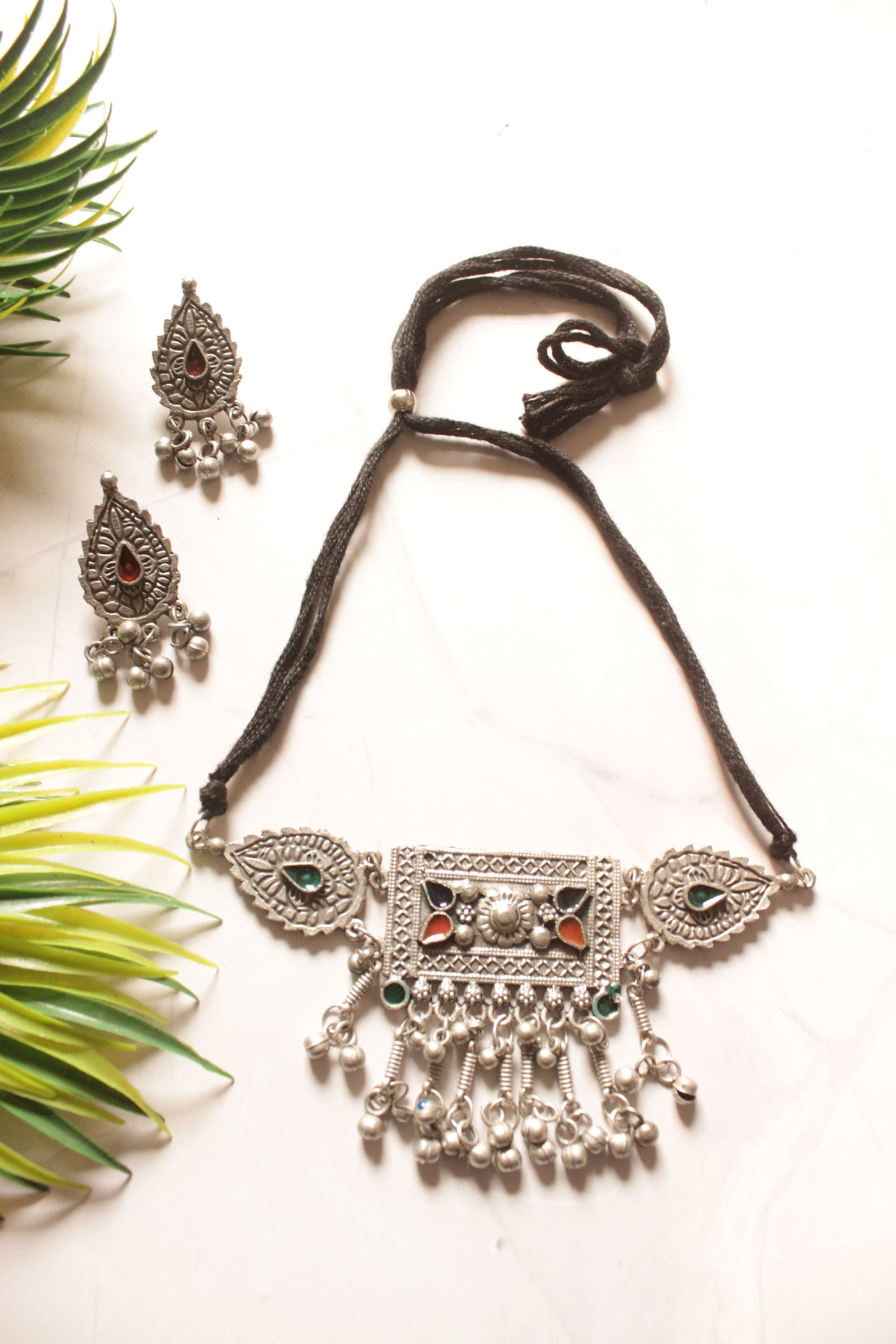 Oxidised Finish Metal Choker Necklace Set with Adjustable Length