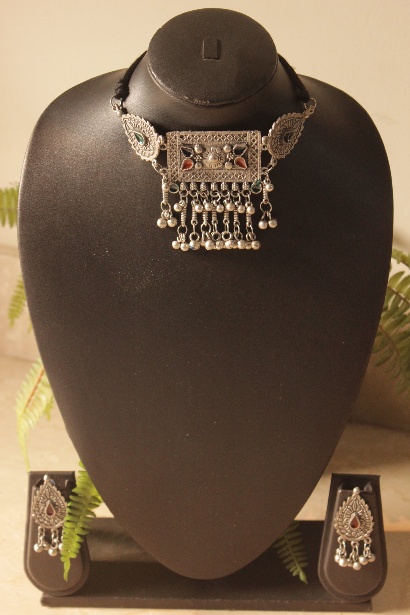 Oxidised Finish Metal Choker Necklace Set with Adjustable Length