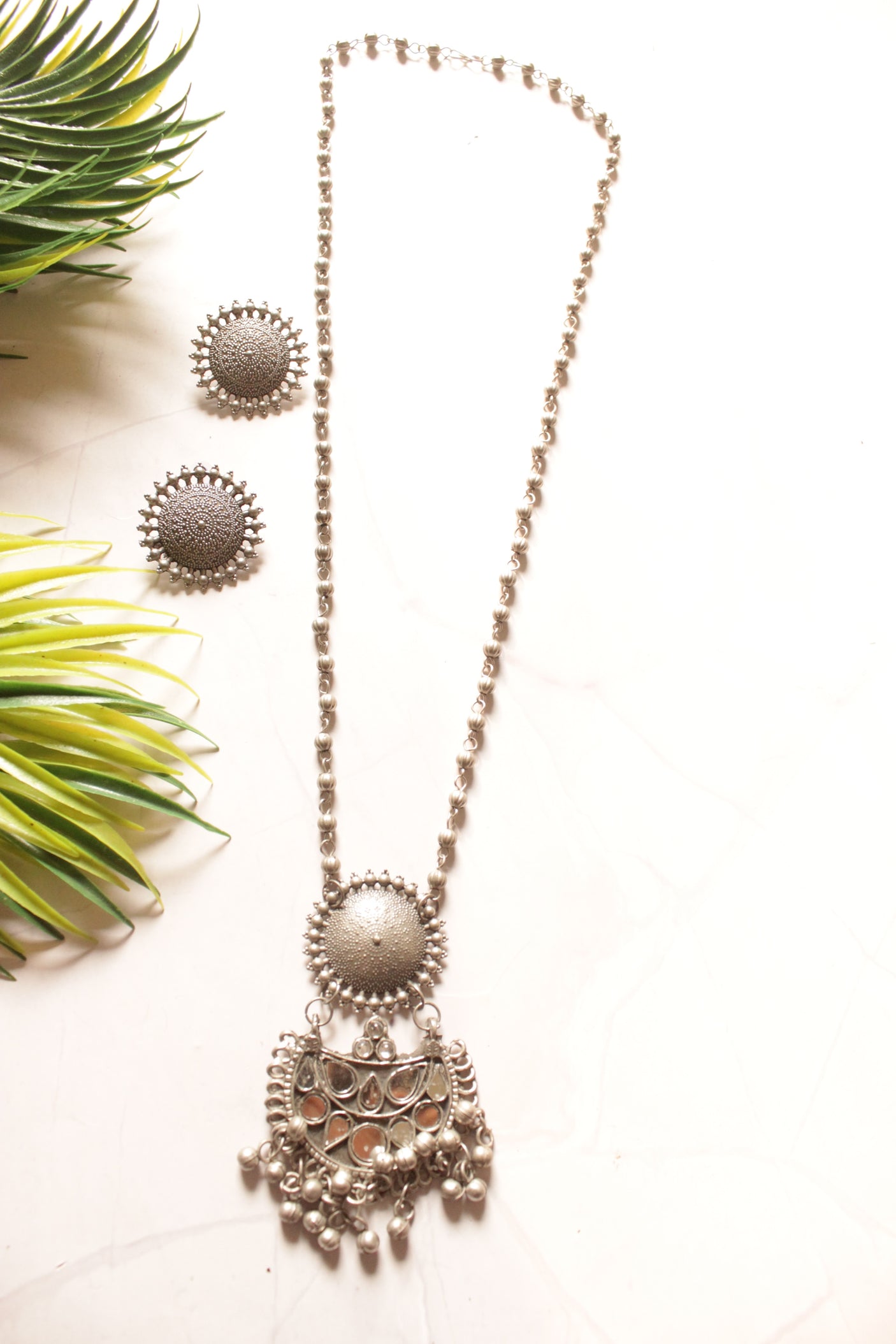 Oxidised Finish Long Chain Metal Necklace Set