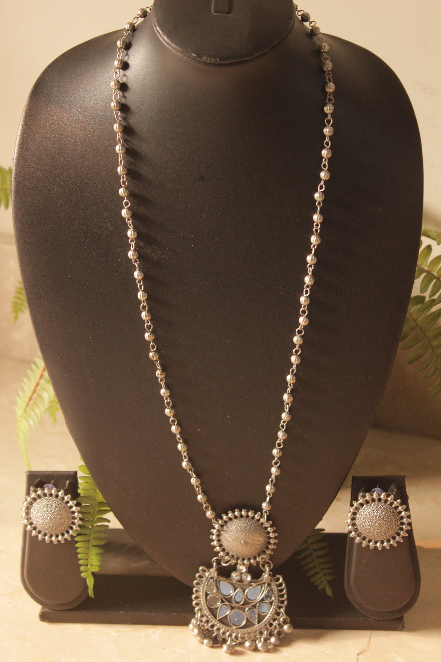 Oxidised Finish Long Chain Metal Necklace Set