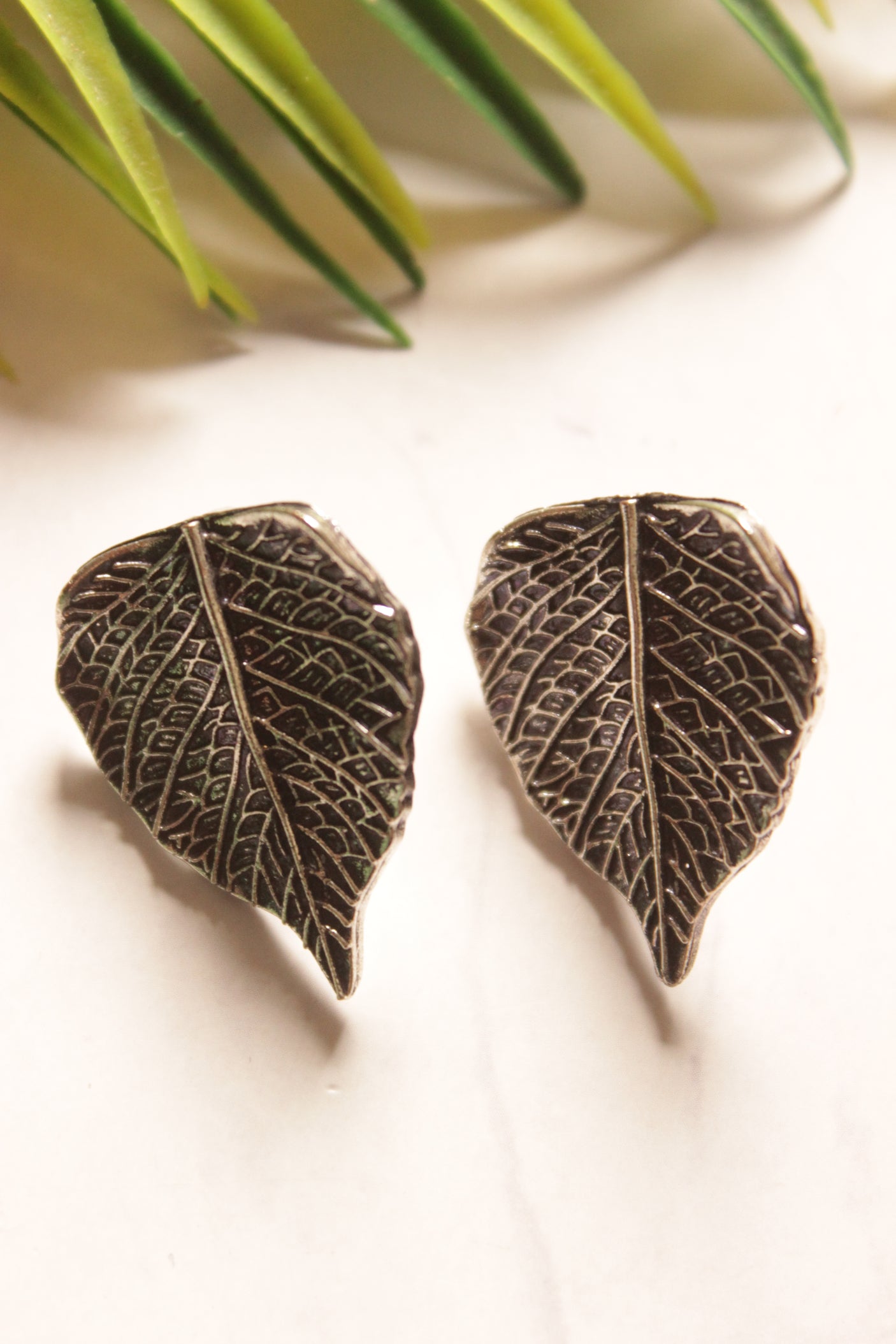 Leaf Shape Oxidised Finish Stud Earrings