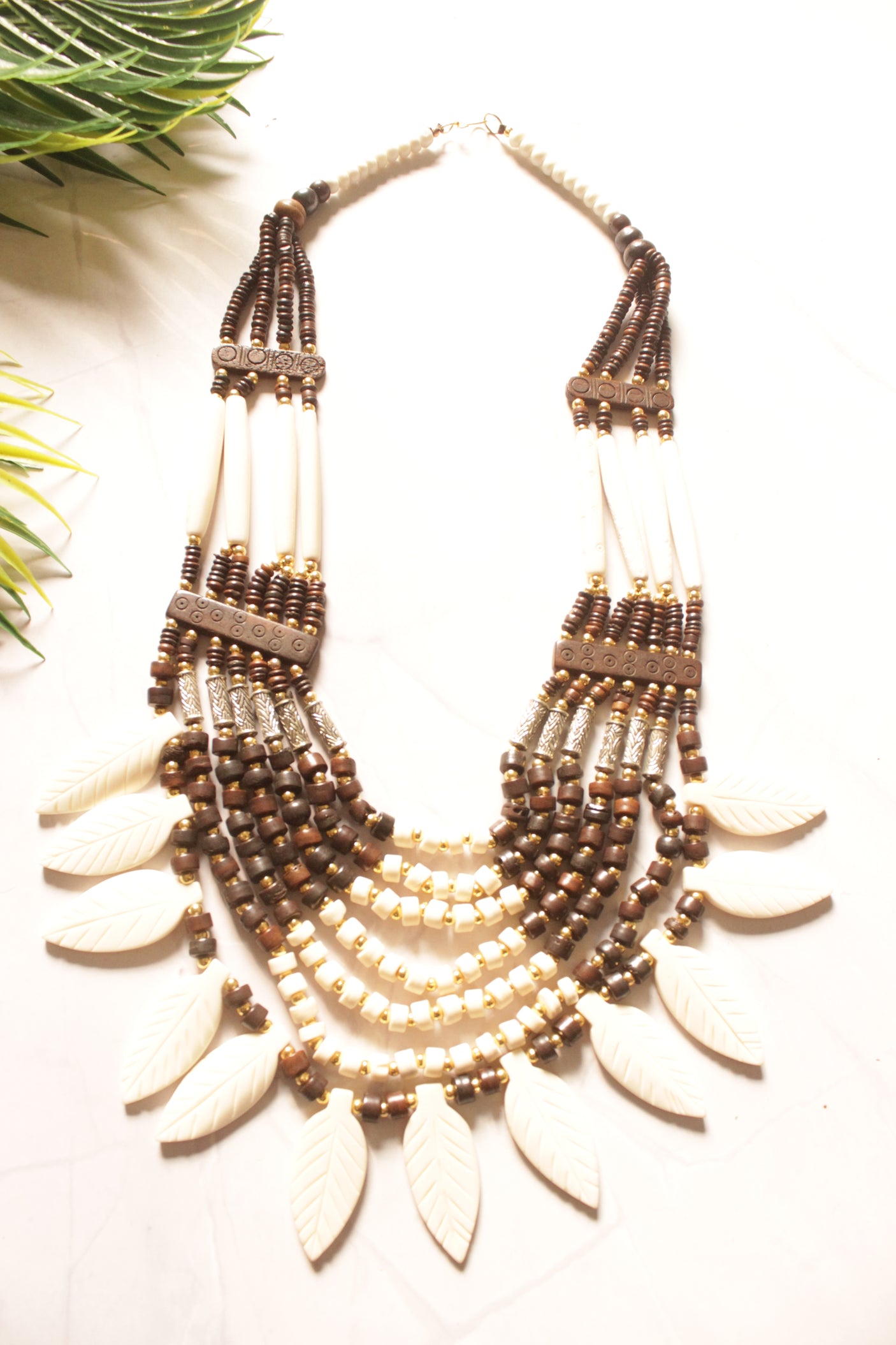 Ivory and Brown Flower Bone Beads Handcrafted Multi-Layer African Tribal Necklace