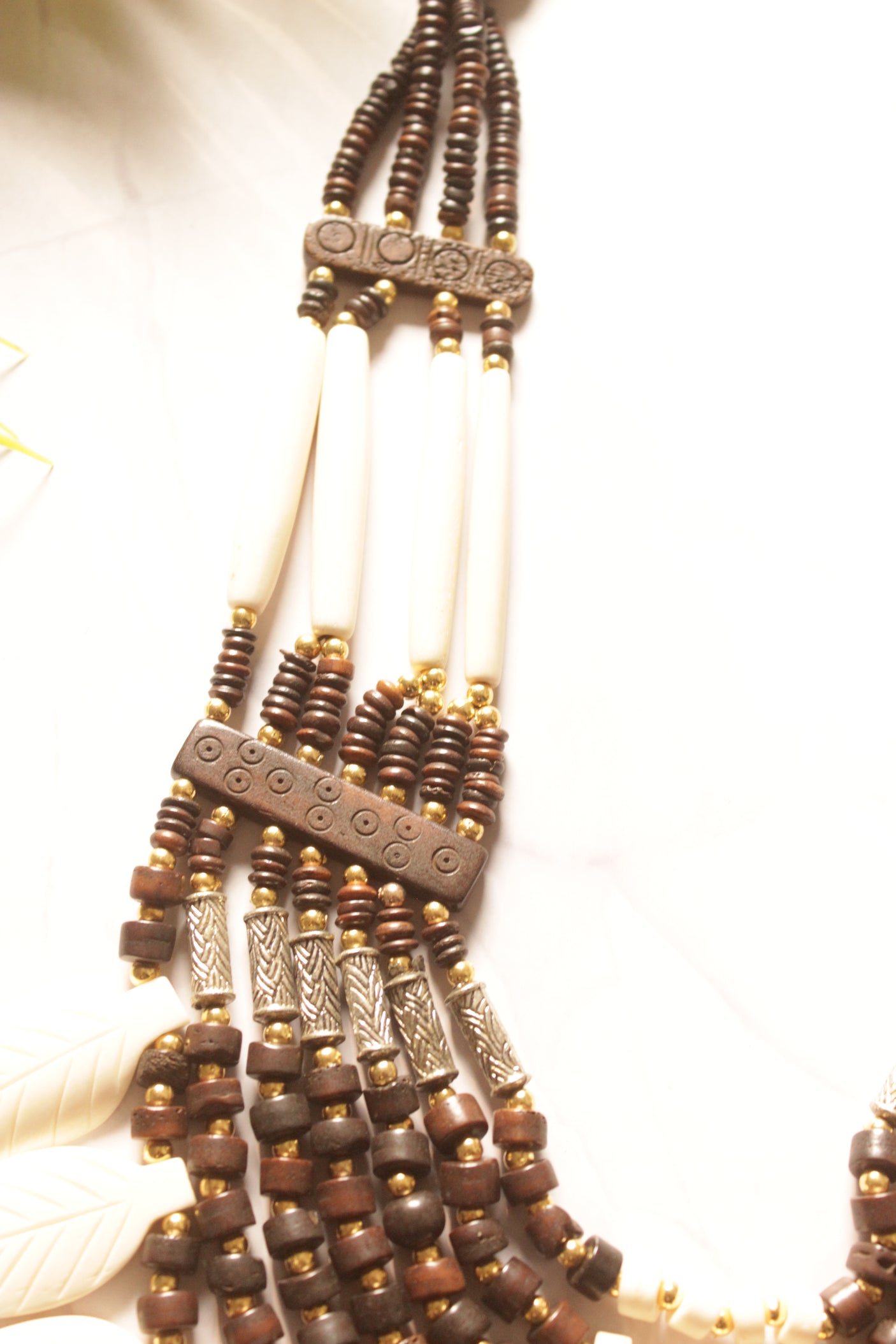 Ivory and Brown Flower Bone Beads Handcrafted Multi-Layer African Tribal Necklace
