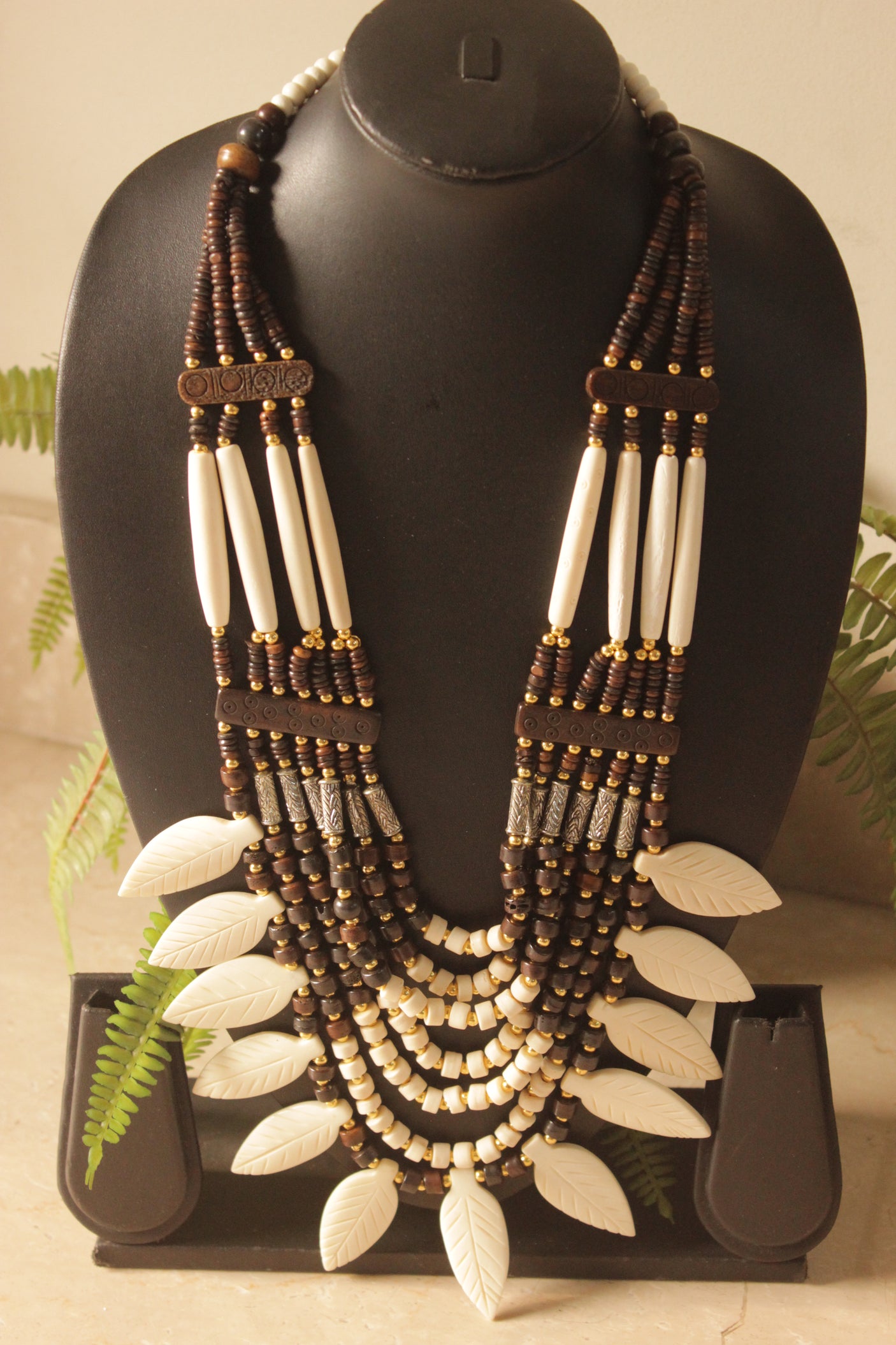 Ivory and Brown Flower Bone Beads Handcrafted Multi-Layer African Tribal Necklace
