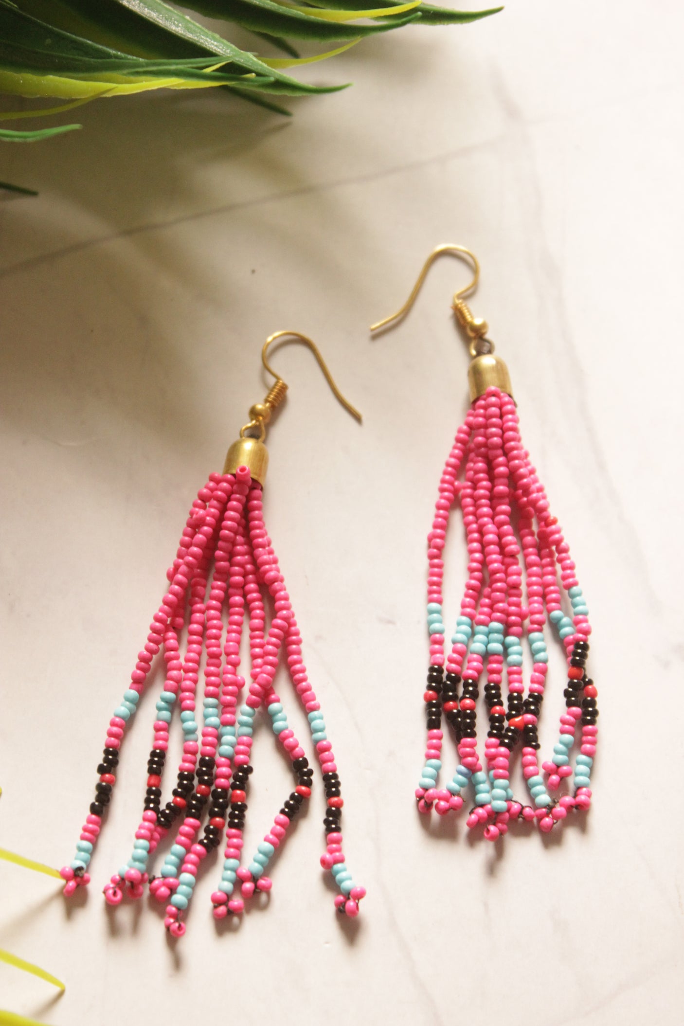 Pink Multi-Layer Beads Hand Beaded Long Necklace Set