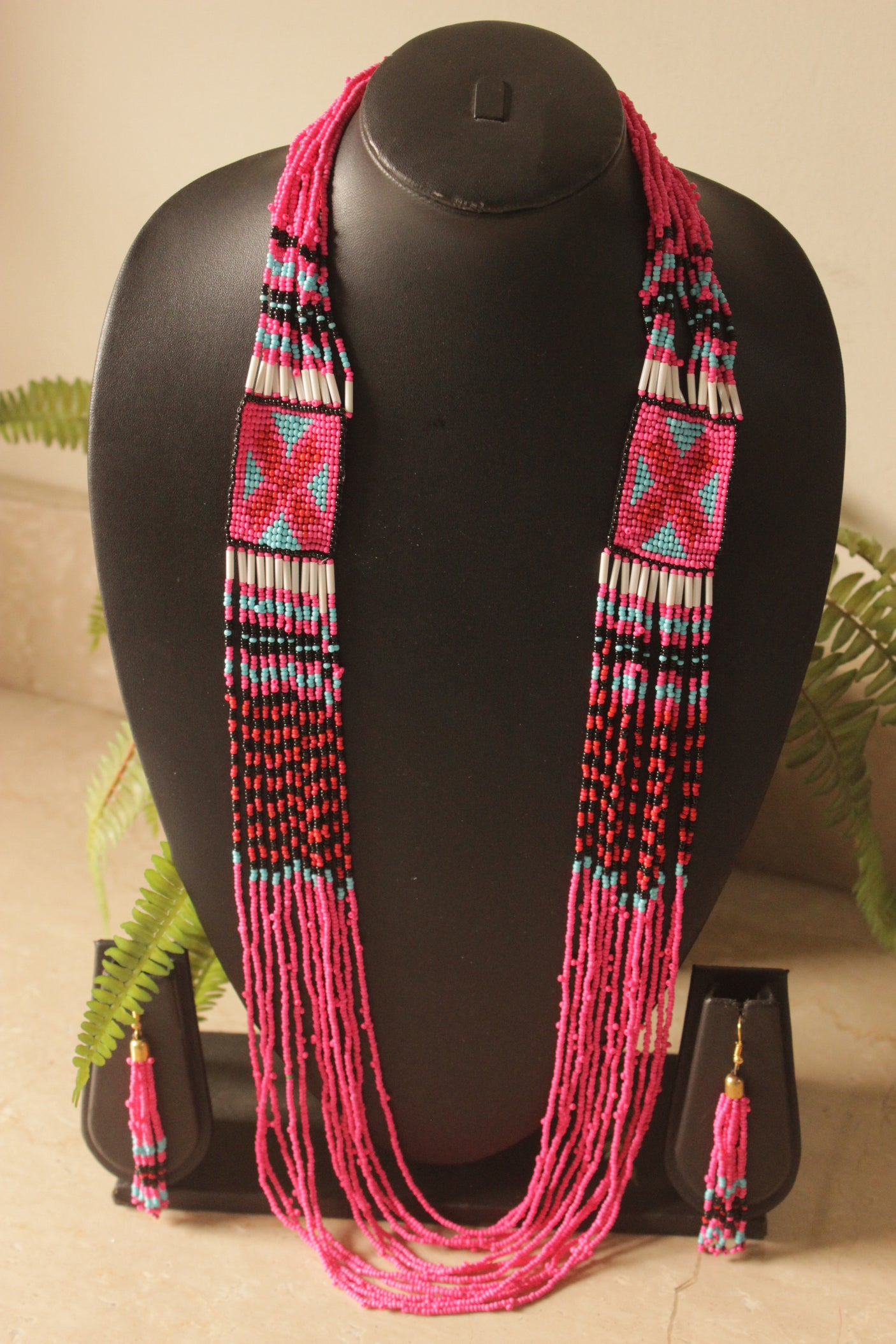 Pink Multi-Layer Beads Hand Beaded Long Necklace Set
