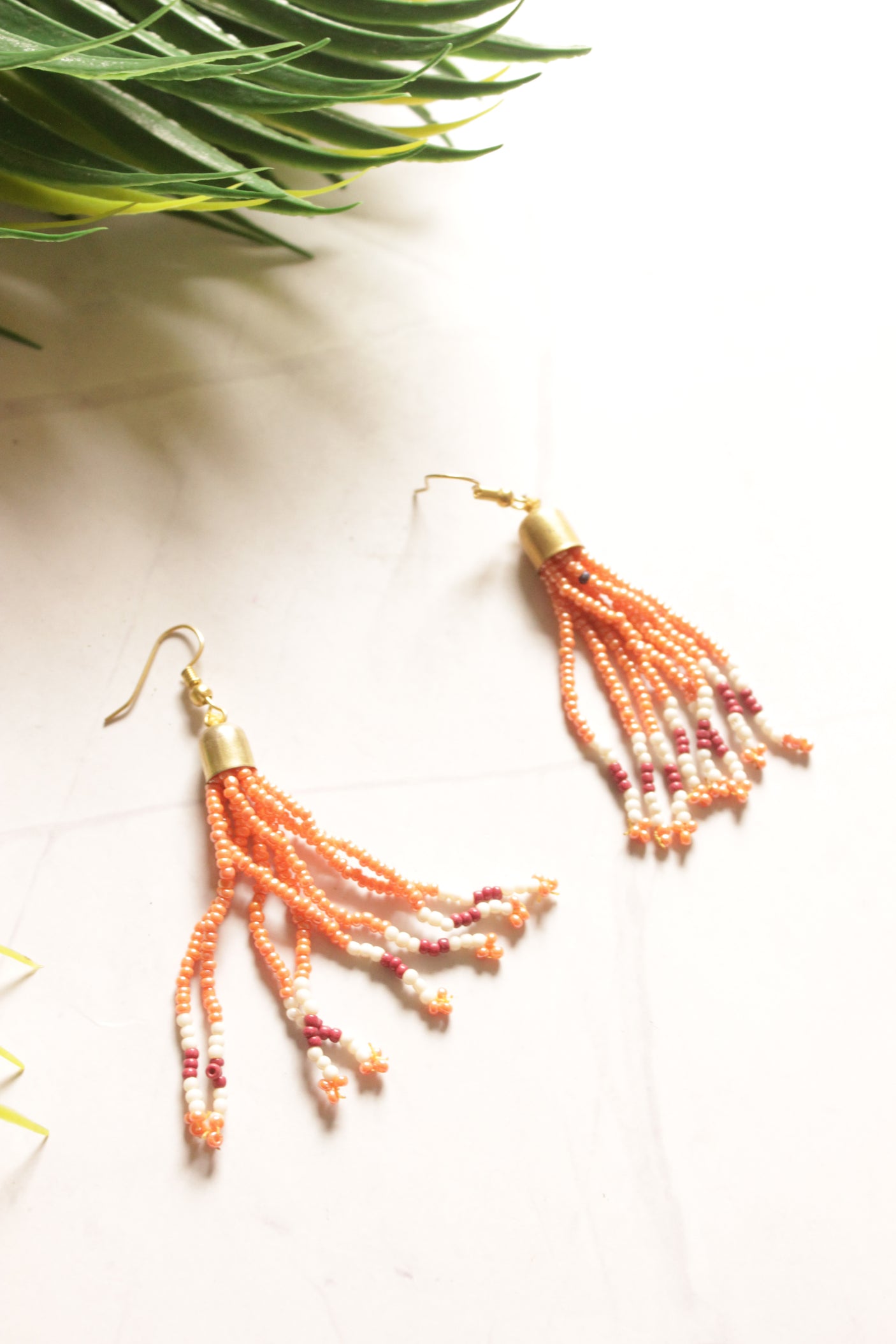 Orange Multi-Layer Beads Hand Beaded Long Necklace Set