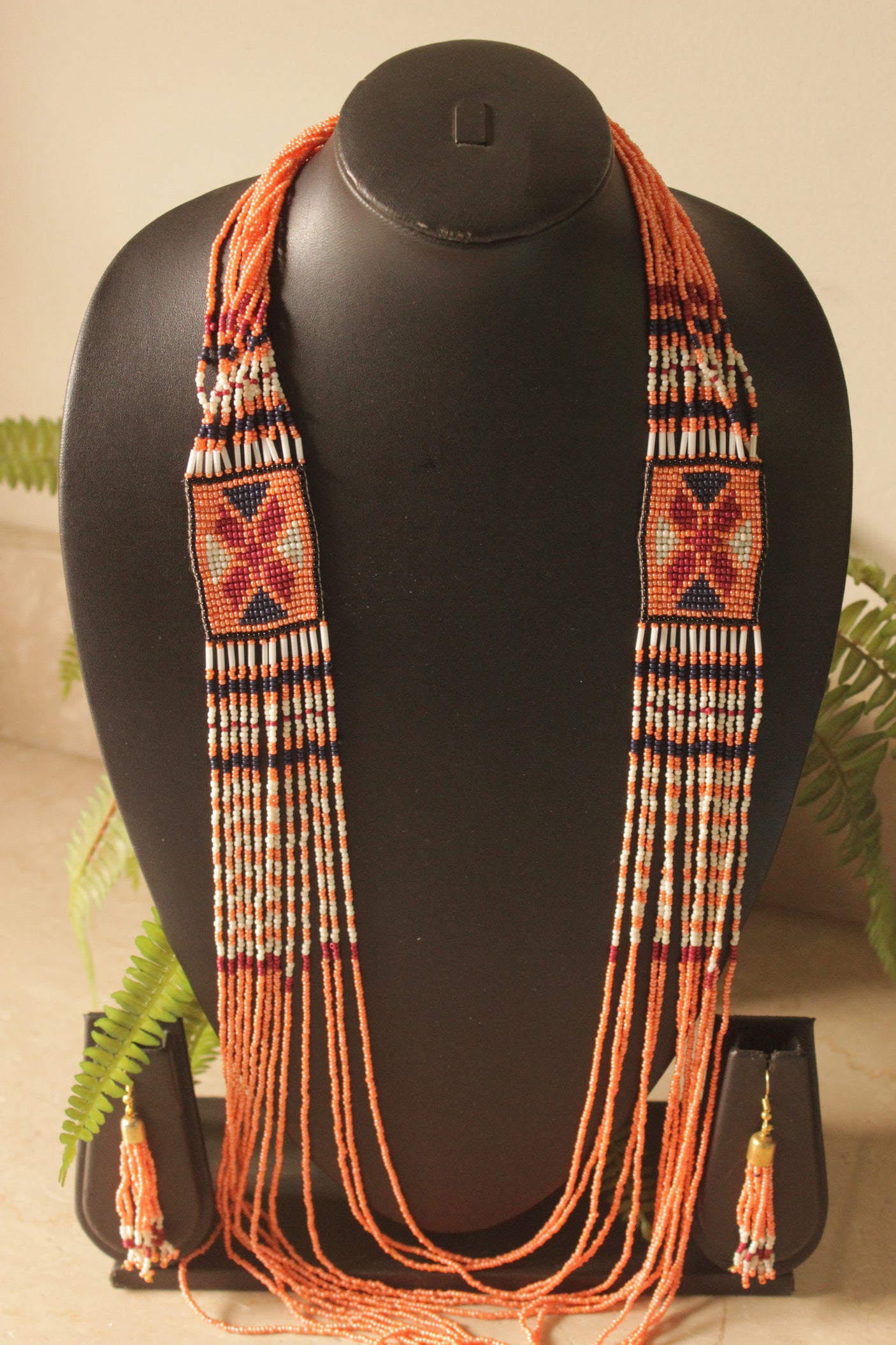 Orange Multi-Layer Beads Hand Beaded Long Necklace Set