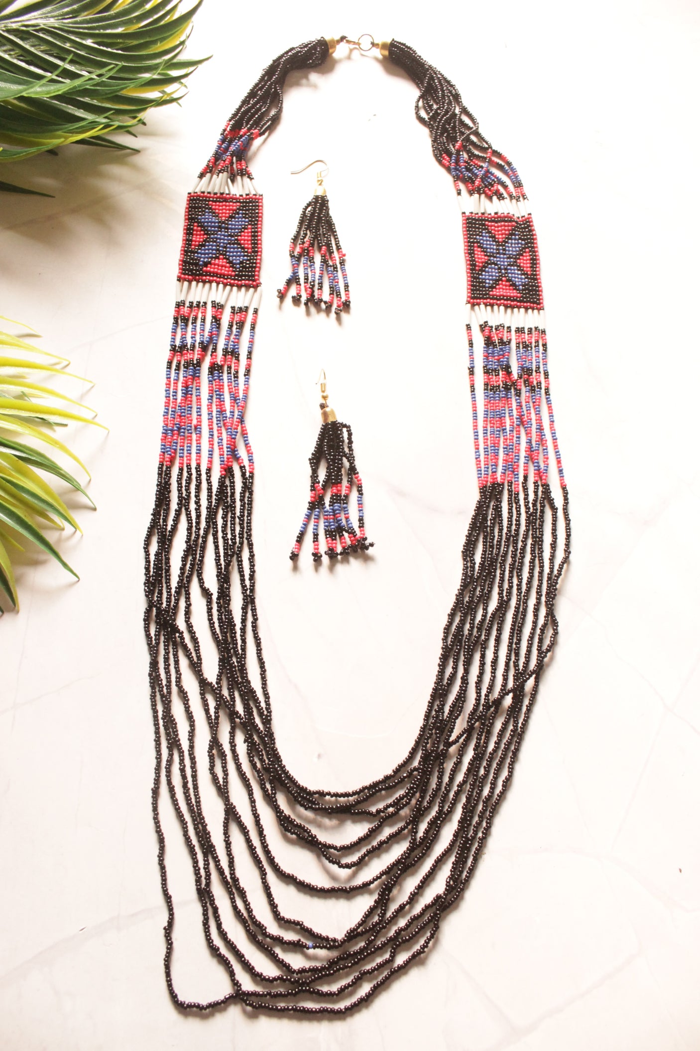 Black Multi-Layer Beads Hand Beaded Long Necklace Set