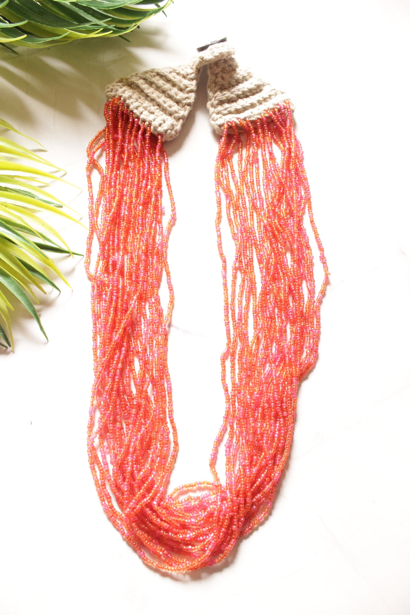 Pink and Orange Glass Beads Hand Beaded Multi-Layer Necklace Set
