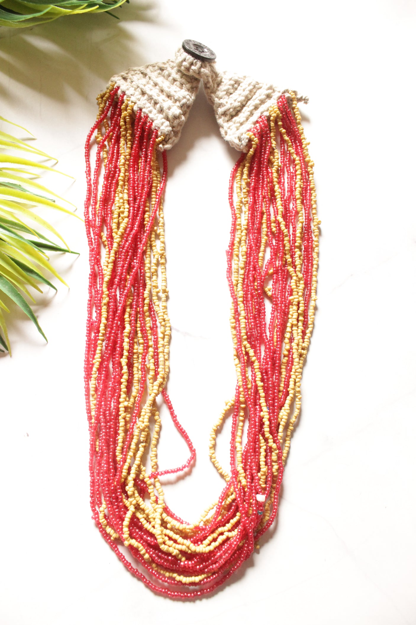 Beige and Red Glass Beads Hand Beaded Multi-Layer Necklace Set