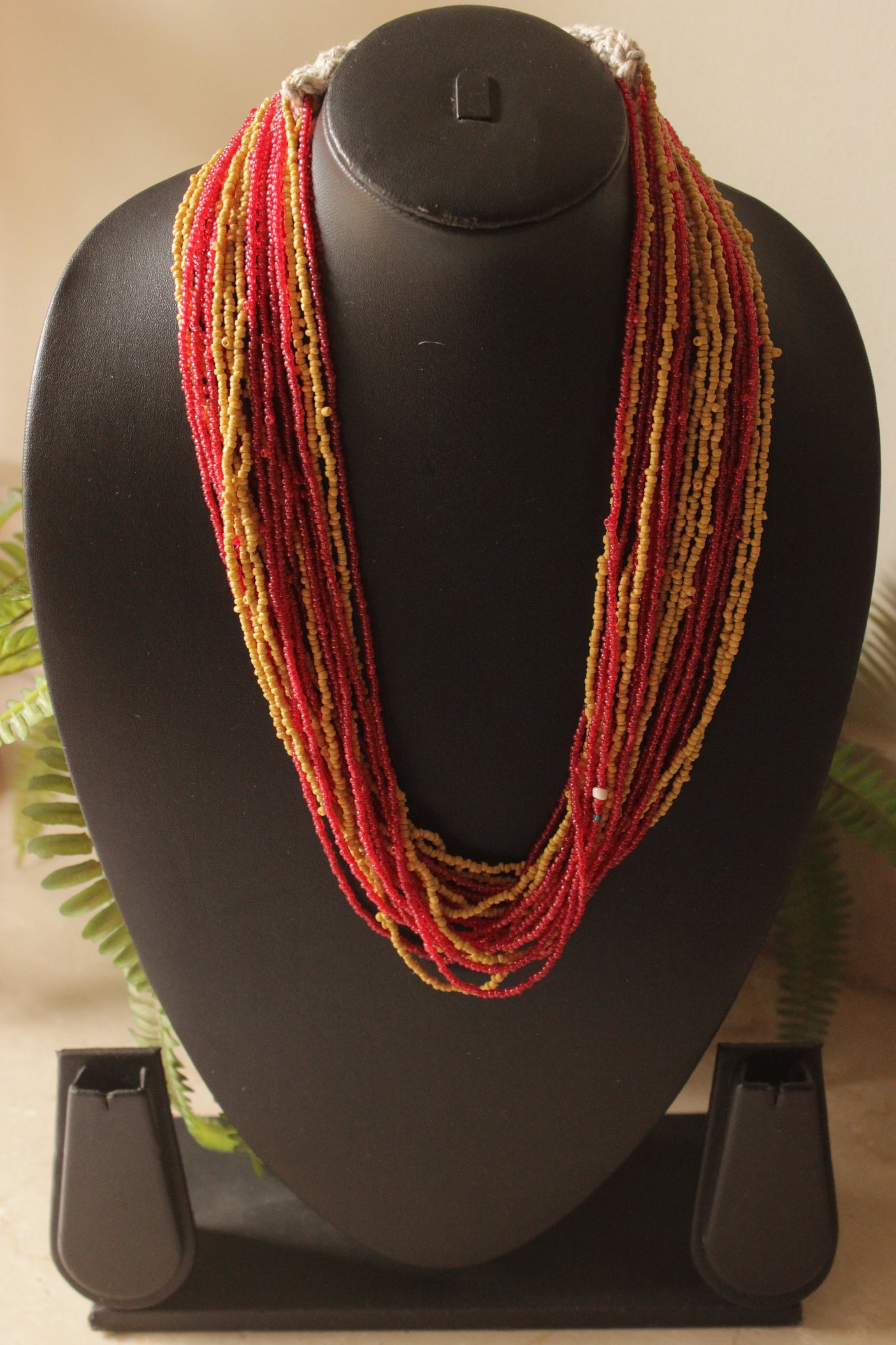 Beige and Red Glass Beads Hand Beaded Multi-Layer Necklace Set