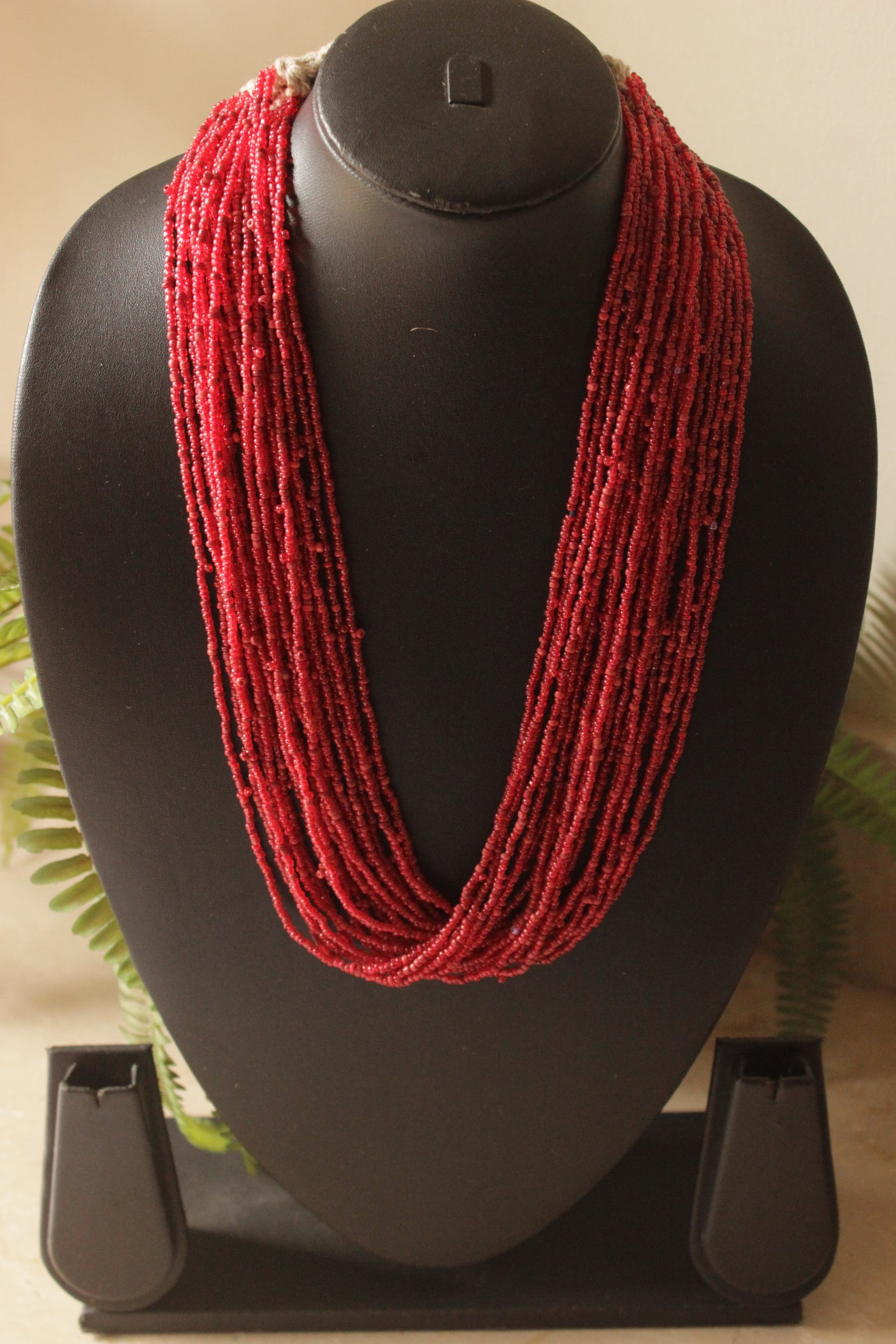 Red Glass Beads Hand Beaded Multi-Layer Necklace Set