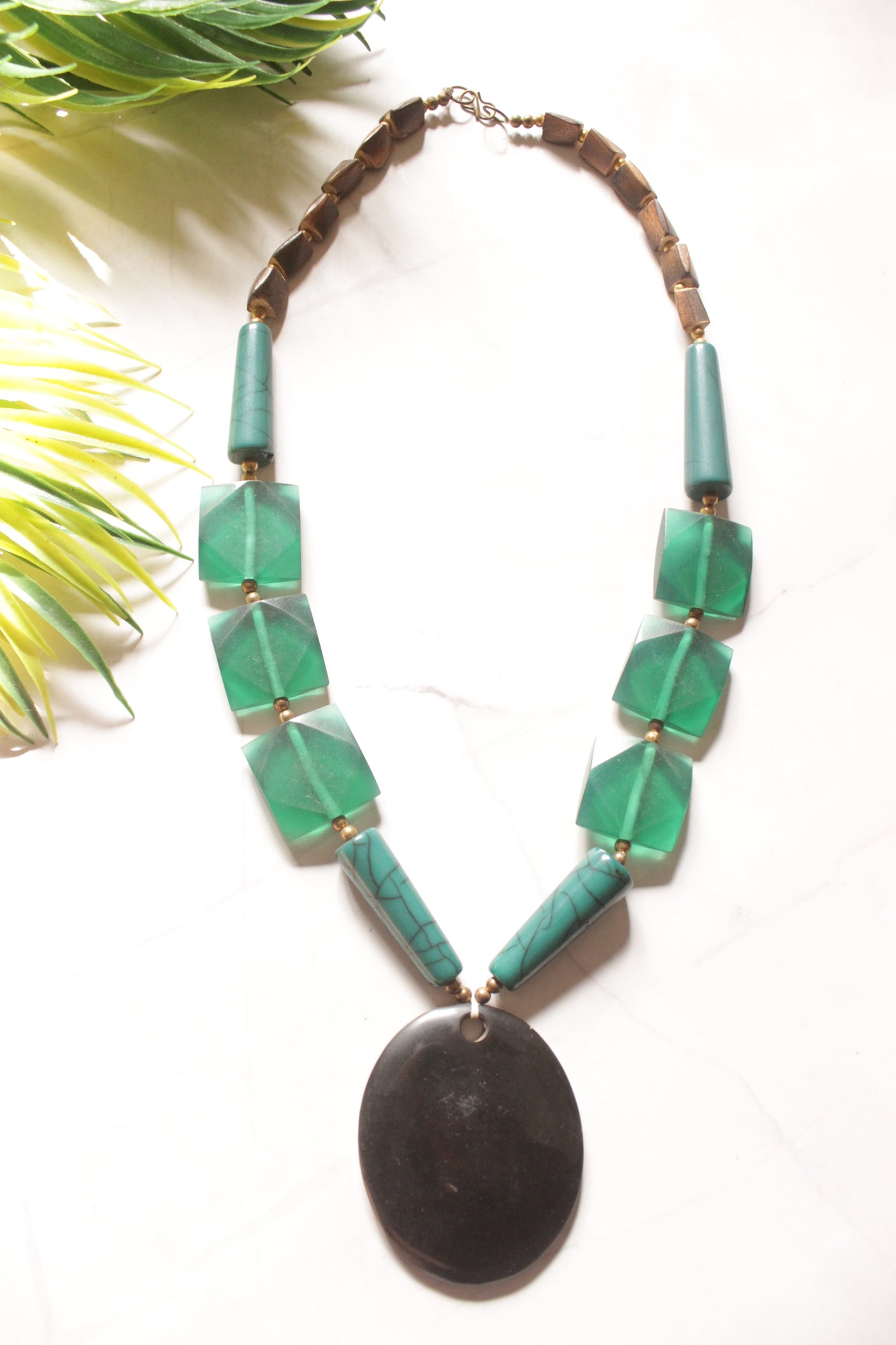 Green Resin Beads and Metal Necklace