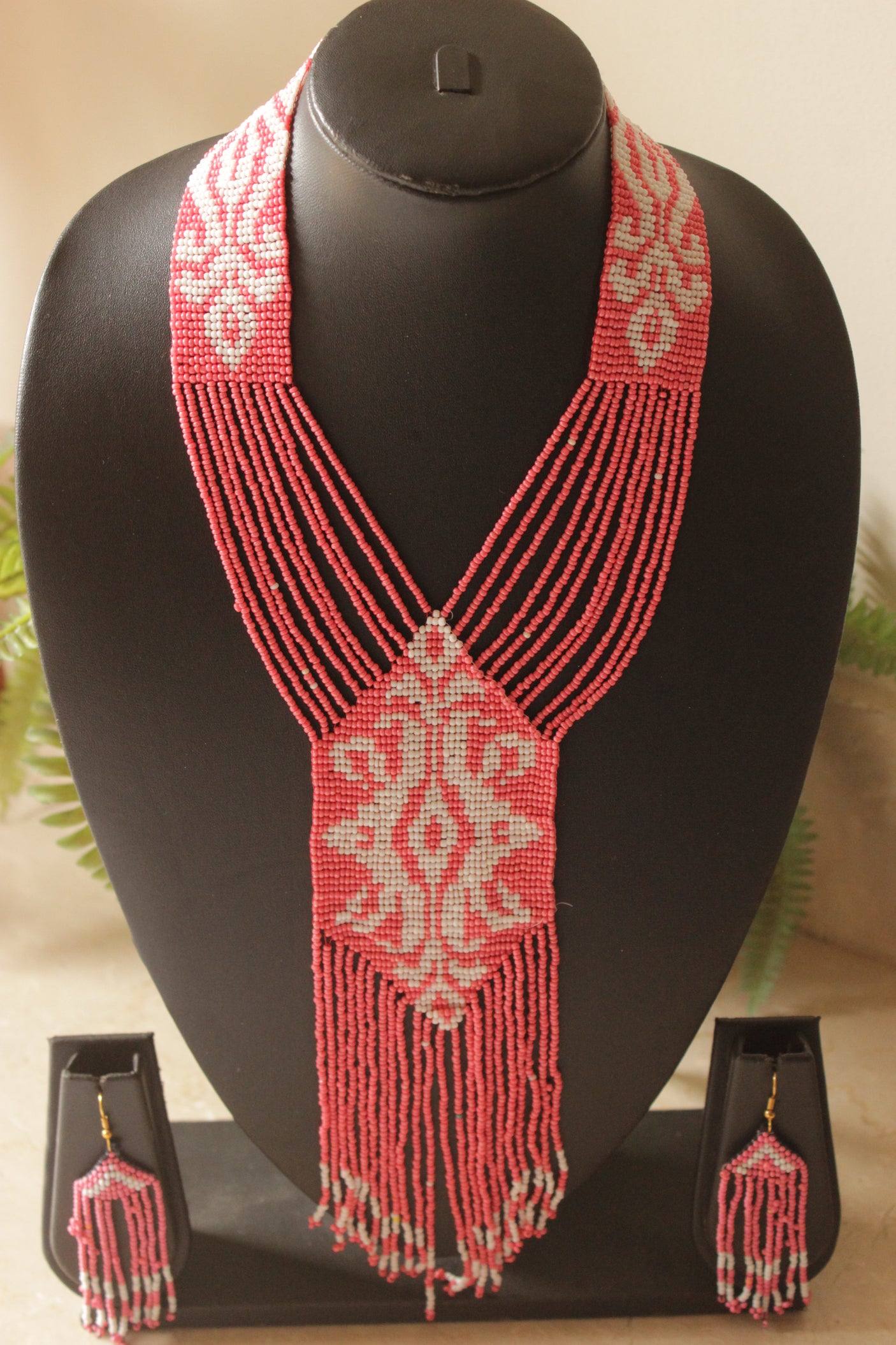 Subtle Red and Ivory Multi-Layer Hand Beaded Long Necklace Set